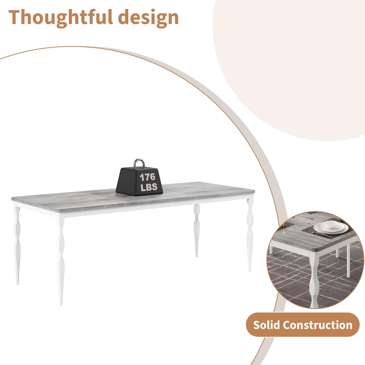 78" Modern Dining Table with Heavy-Duty Metal Legs, Farmhouse Kitchen Table for 6-8 Family, Gray Wood Top with Spindle Design for Dining Room, Home Office, Apartment