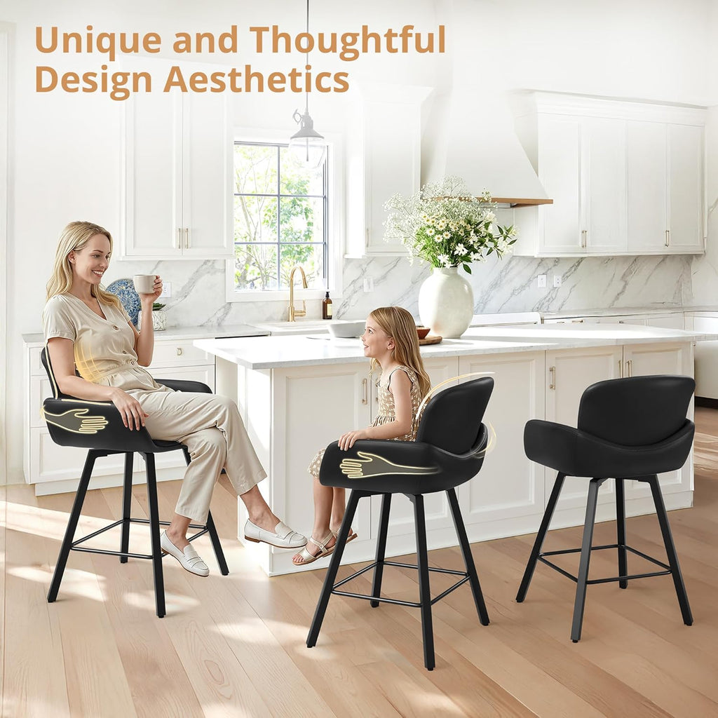 LUE BONA 26" Swivel Bar Stools Set of 3, Counter Height Bar Stools with Backrest and Arms, Modern Upholstered Barstools with Metal Legs for Kitchen Island, Black