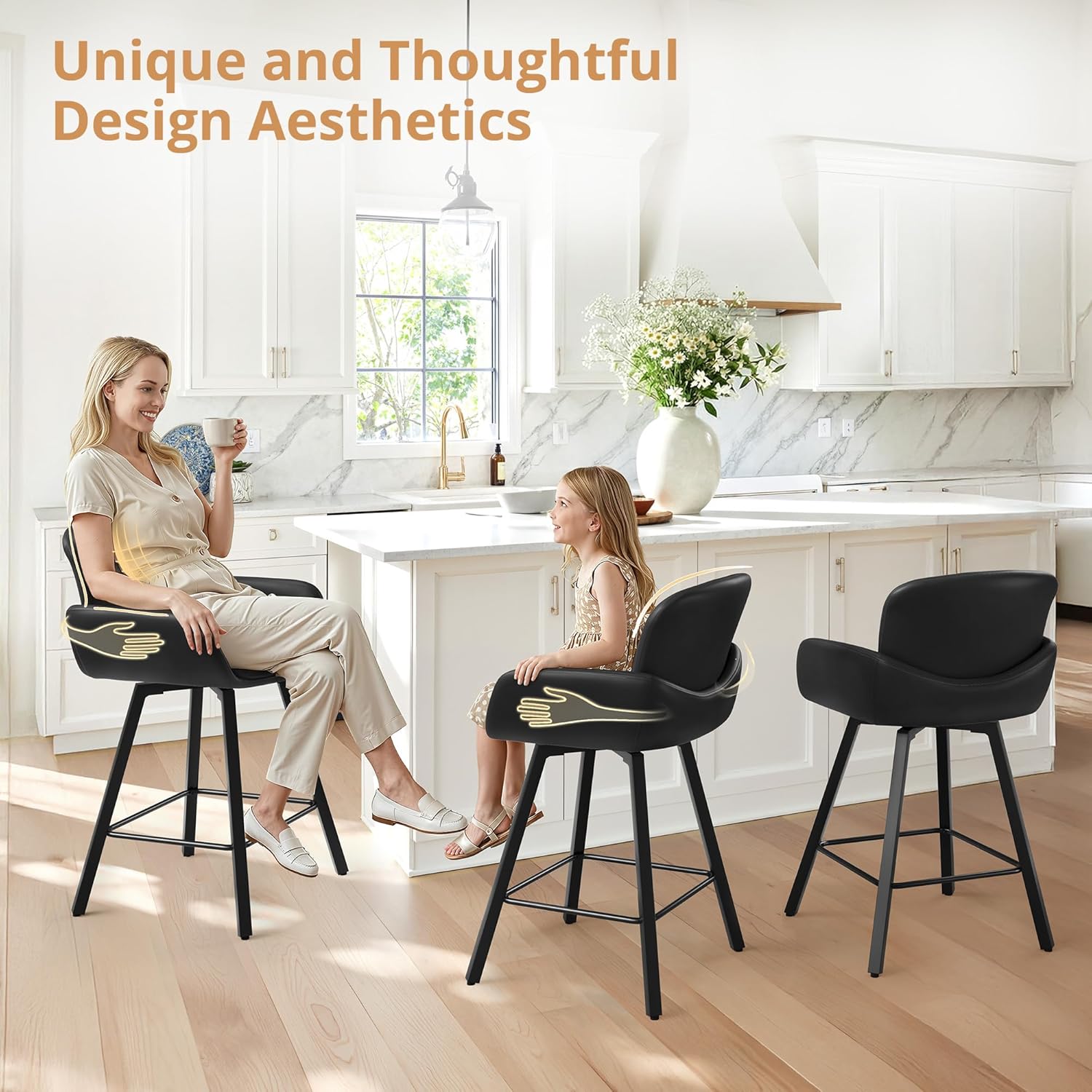 LUE BONA 26" Swivel Bar Stools Set of 3, Counter Height Bar Stools with Backrest and Arms, Modern Upholstered Barstools with Metal Legs for Kitchen Island, Black