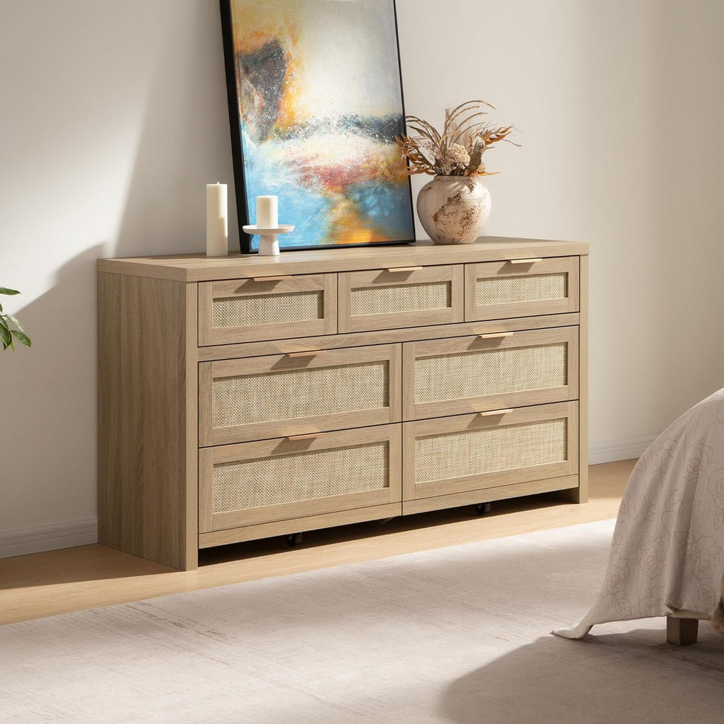 SICOTAS 7 Drawer Dresser for Bedroom, 57" Wide Rattan Dressers, Large Chest of Drawers for Bedroom, Dresser TV Stand, Boho Closet Organizer (Reclaimed Light Oak, 7 Drawers (1 pc))