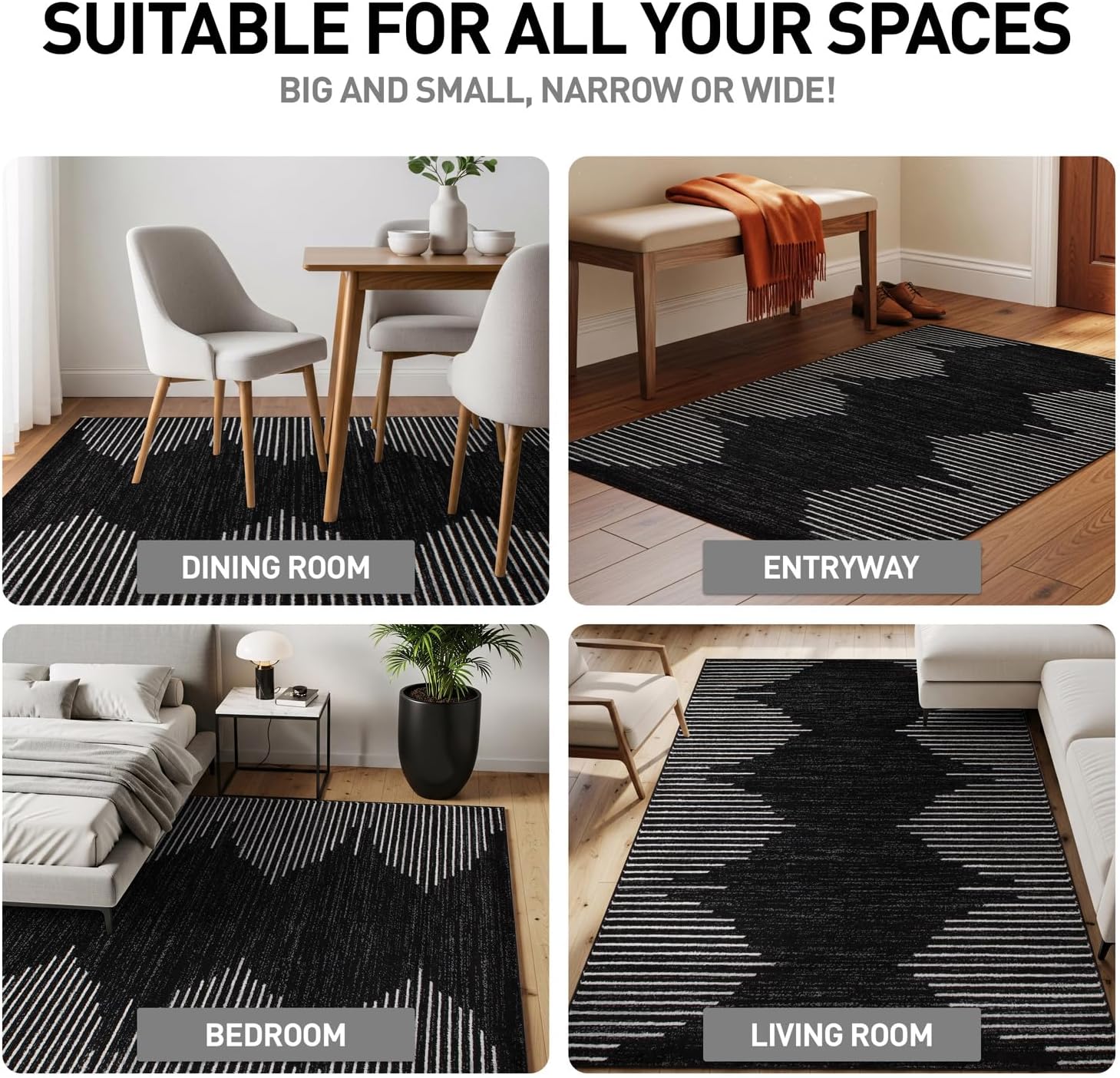 Rugshop Bohemian Stripe Stain Resistant High Traffic Living Room Kitchen Bedroom Dining Home Office Area Rug 12' x 15' Black