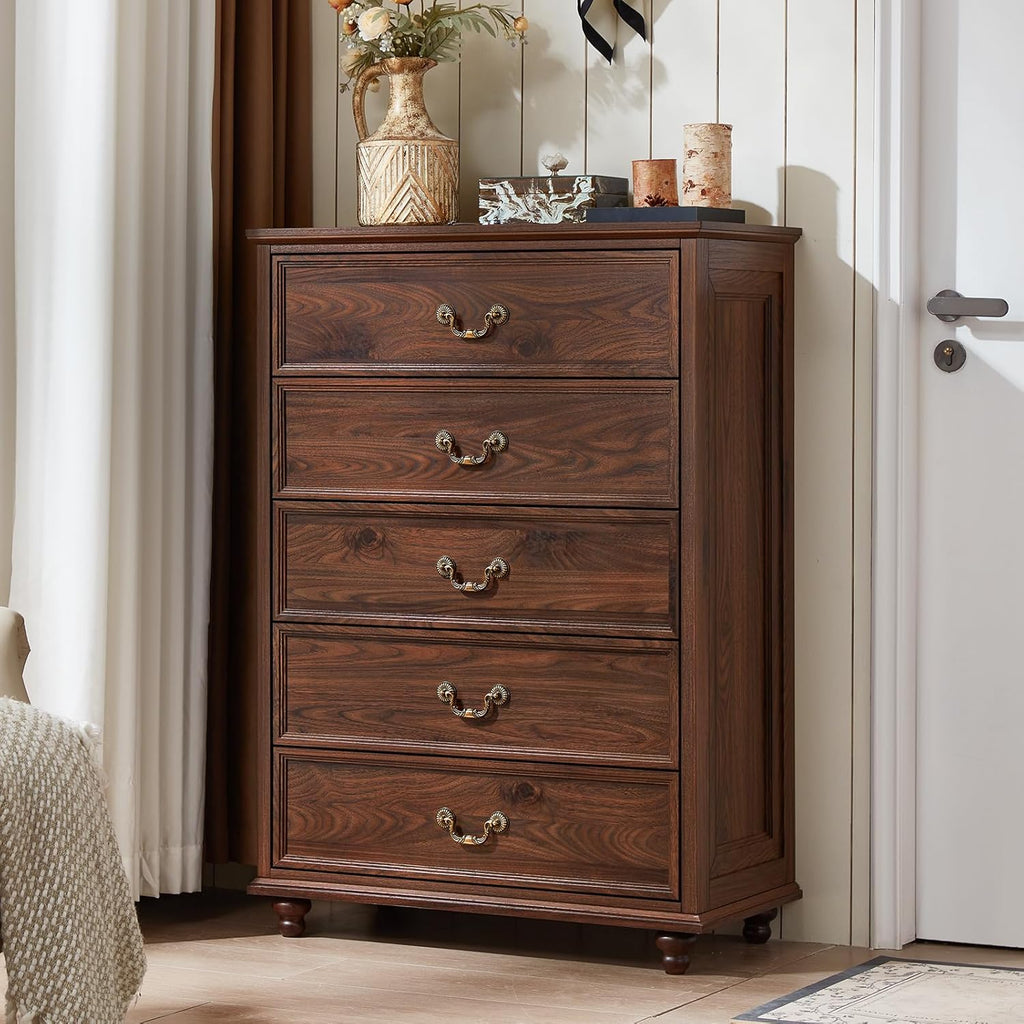 Farmhouse 5 Drawer Dresser for Bedroom, 45" Tall Rustic Chests of Drawers w/ 4 Solid Wood Feet, Mid Century Modern Wooden Closet Storage Dressers Organizer for Living Room, Hallway, Brown