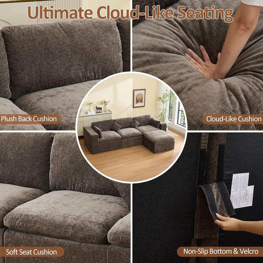 115''Cloud Boneless Sectional Couch, Modular Sectional Sofa Deep Seat with Ottoman, Oversized Upholstered Convertible Comfy 4 Seater Chenille Sofa L Shape Couches for Living Room, Brown