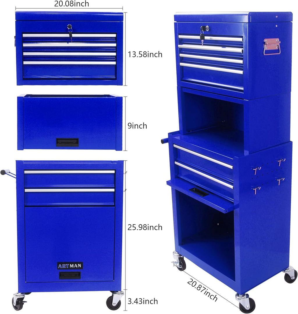 RYH 6 Drawers Rolling Tool Chest & Tool Box on Wheels | Heavy Duty Metal Cart with Ball Bearing Drawers | Fits US General Tool Box for Garage Storage(Blue, 6 Drawers 3 in 1/51.99" H × 20.87" W)