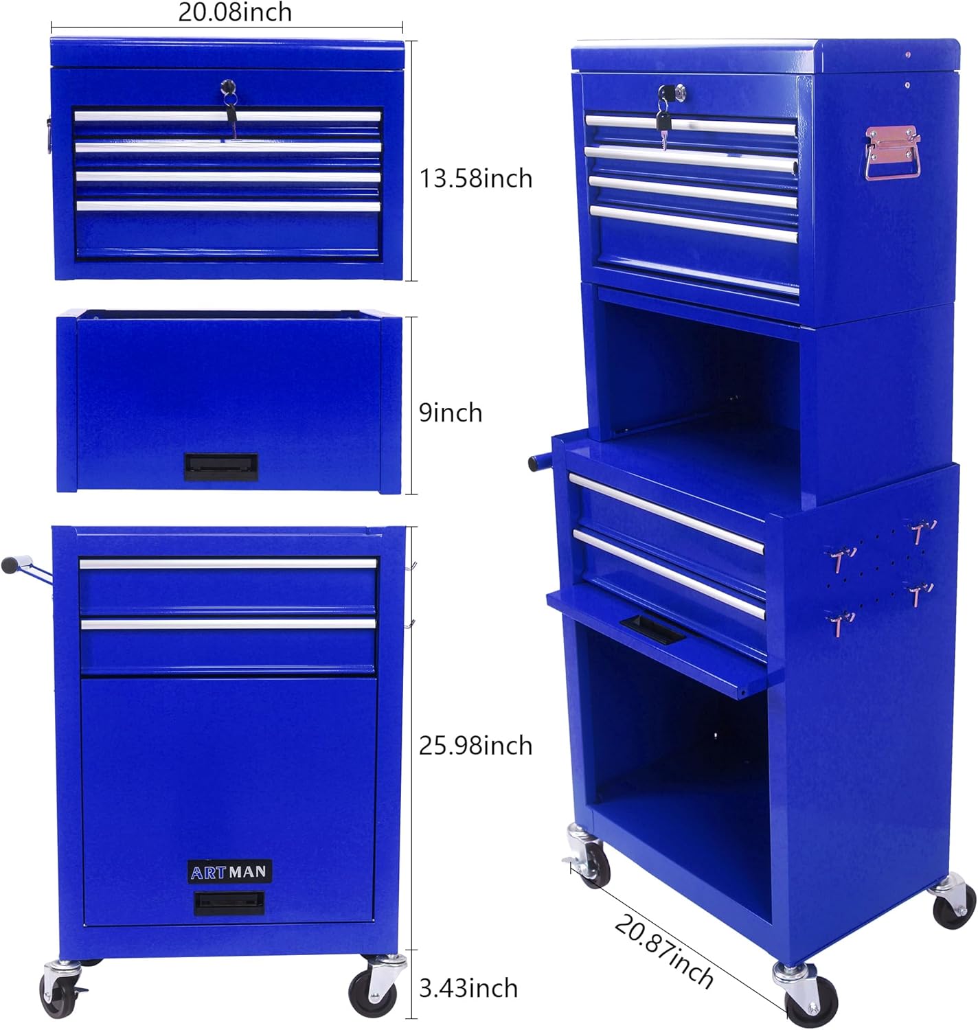 RYH 6 Drawers Rolling Tool Chest & Tool Box on Wheels | Heavy Duty Metal Cart with Ball Bearing Drawers | Fits US General Tool Box for Garage Storage(Blue, 6 Drawers 3 in 1/51.99" H × 20.87" W)
