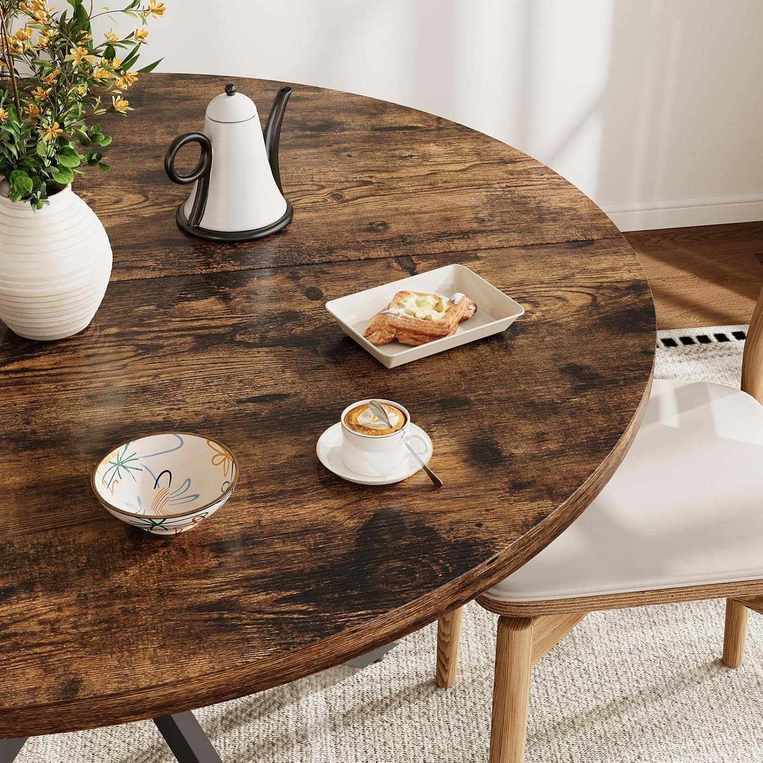 Vantic 47" Round Dining Table for 4-6 People, Farmhouse Wood Kitchen Table for Small Space,Circle Dining Table with Metal Base for Kitchen & Living Room, Rustic Brown