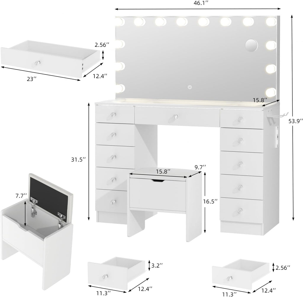 VOWNER Vanity with Lighted Mirror - Glass Top Makeup Vanity Desk with Lights and 11 Drawers, 3 Color Lighting Modes Adjustable Brightness, 46" Makeup Desk with Soft Cushioned Stool for Bedroom, White