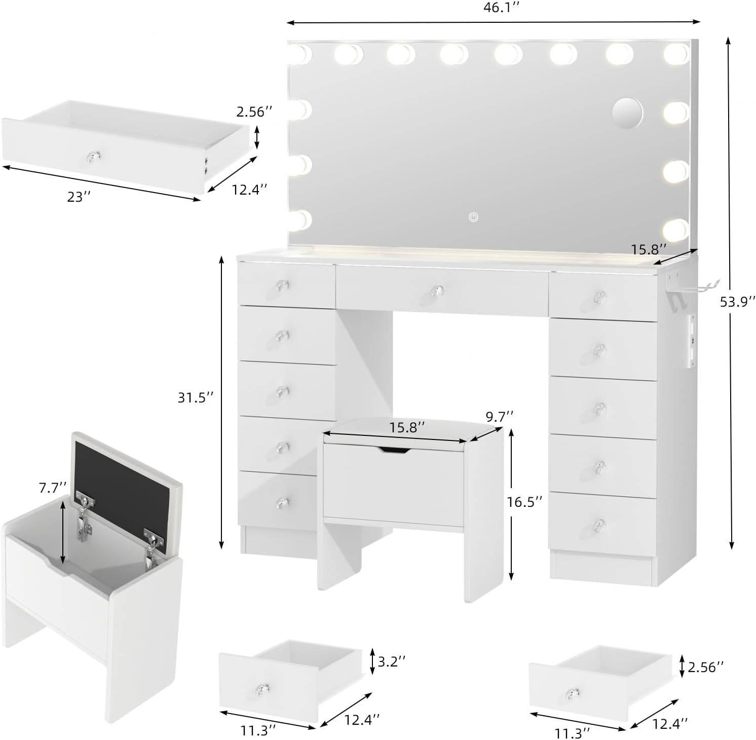 VOWNER Vanity with Lighted Mirror - Glass Top Makeup Vanity Desk with Lights and 11 Drawers, 3 Color Lighting Modes Adjustable Brightness, 46" Makeup Desk with Soft Cushioned Stool for Bedroom, White