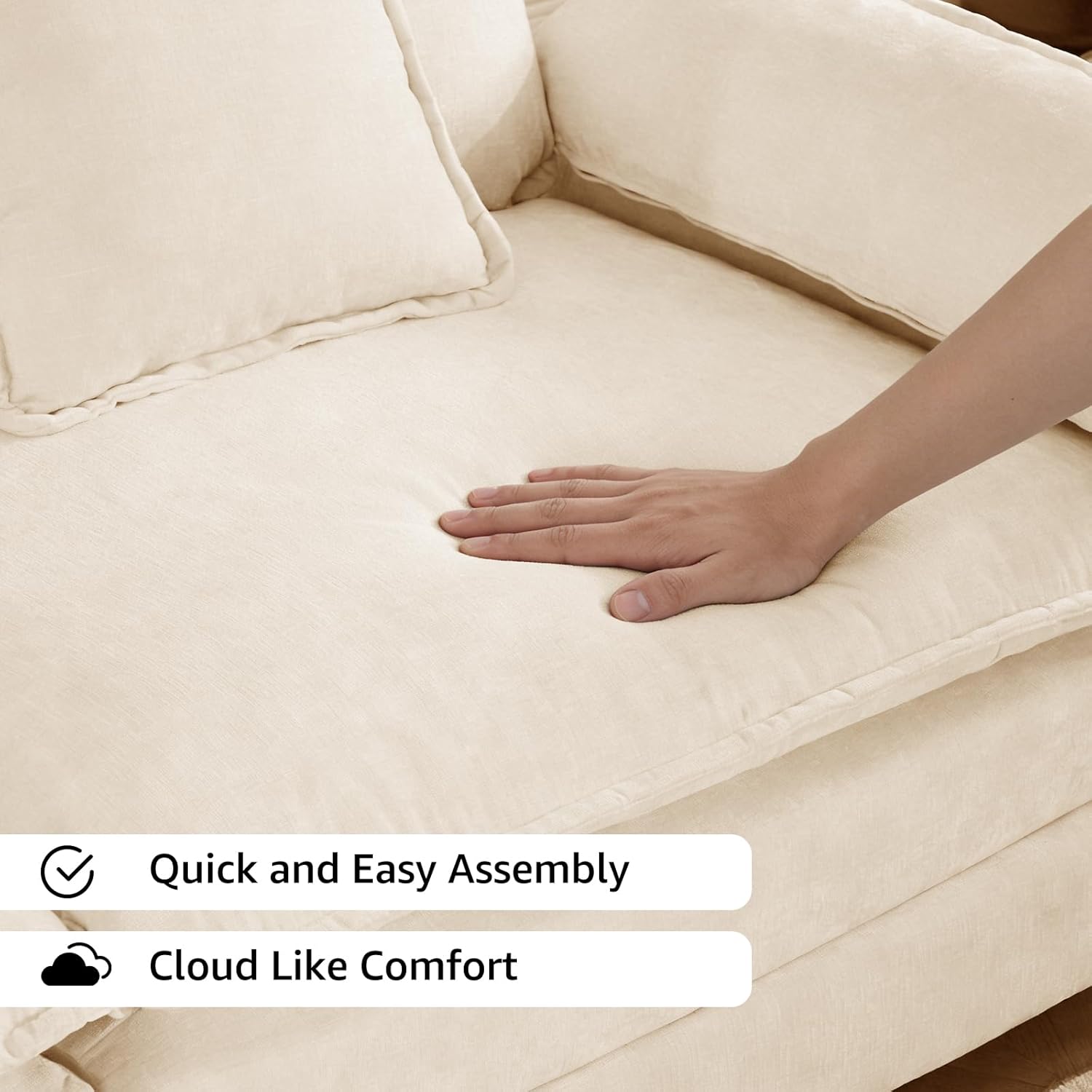 113.8" Modern Cozy Sectional Couches for Living Room, Beige Chenille Comfy Cloud Couch Sectional, 3 Seater Couch for Living Room, Sofas para Sala, I Shaped Sofas & Couches (Beige, 3+0 Set)