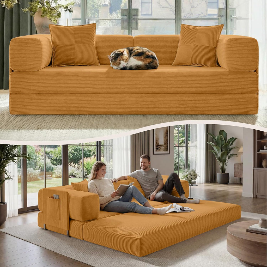 Belhome 78.8" Convertible Sofa Bed, Futon Sofa Bed with Side Pocket, Corduroy Pull Out Futon Sofa, Boneless Couch for Living Rooms,No Assembly Required, Yellow