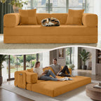 Belhome 78.8" Convertible Sofa Bed, Futon Sofa Bed with Side Pocket, Corduroy Pull Out Futon Sofa, Boneless Couch for Living Rooms,No Assembly Required, Yellow