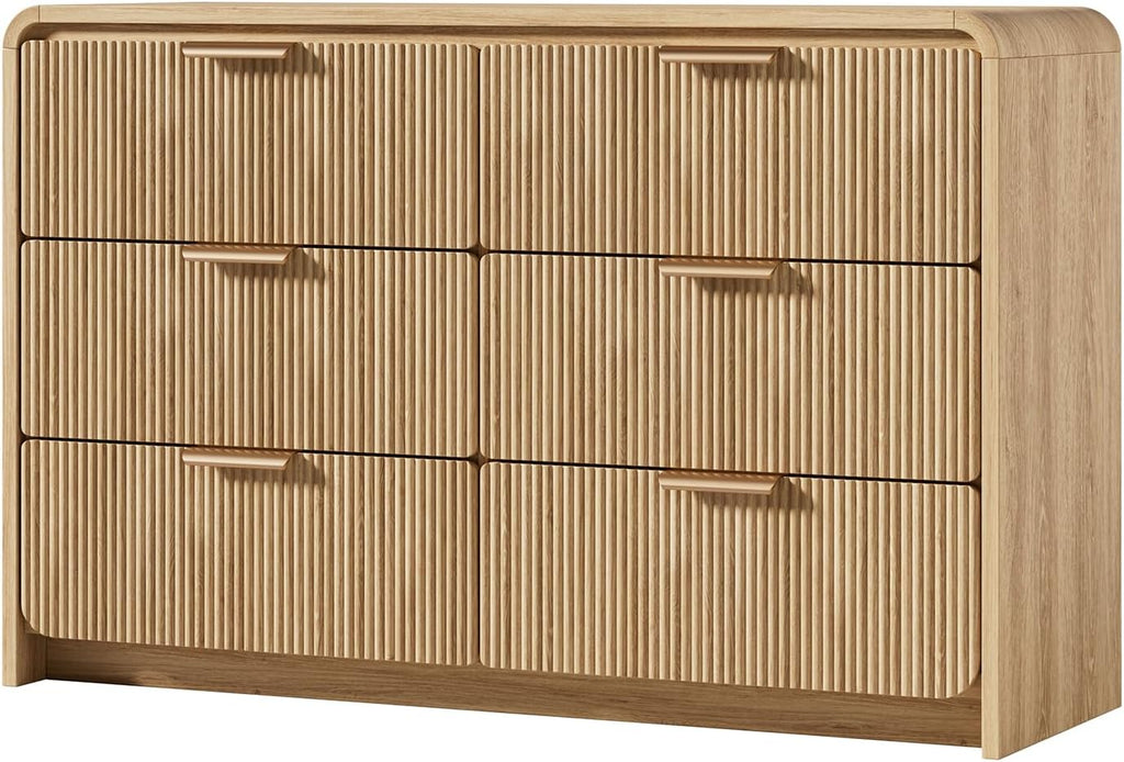 Fluted 6 Drawer Dresser, 47” Wide Wooden Storage Chest with Rounded Curved Corners and Gold Handles, Natural Oak Wood Dresser for Bedroom, Living Room, Hallway