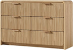 Fluted 6 Drawer Dresser, 47” Wide Wooden Storage Chest with Rounded Curved Corners and Gold Handles, Natural Oak Wood Dresser for Bedroom, Living Room, Hallway