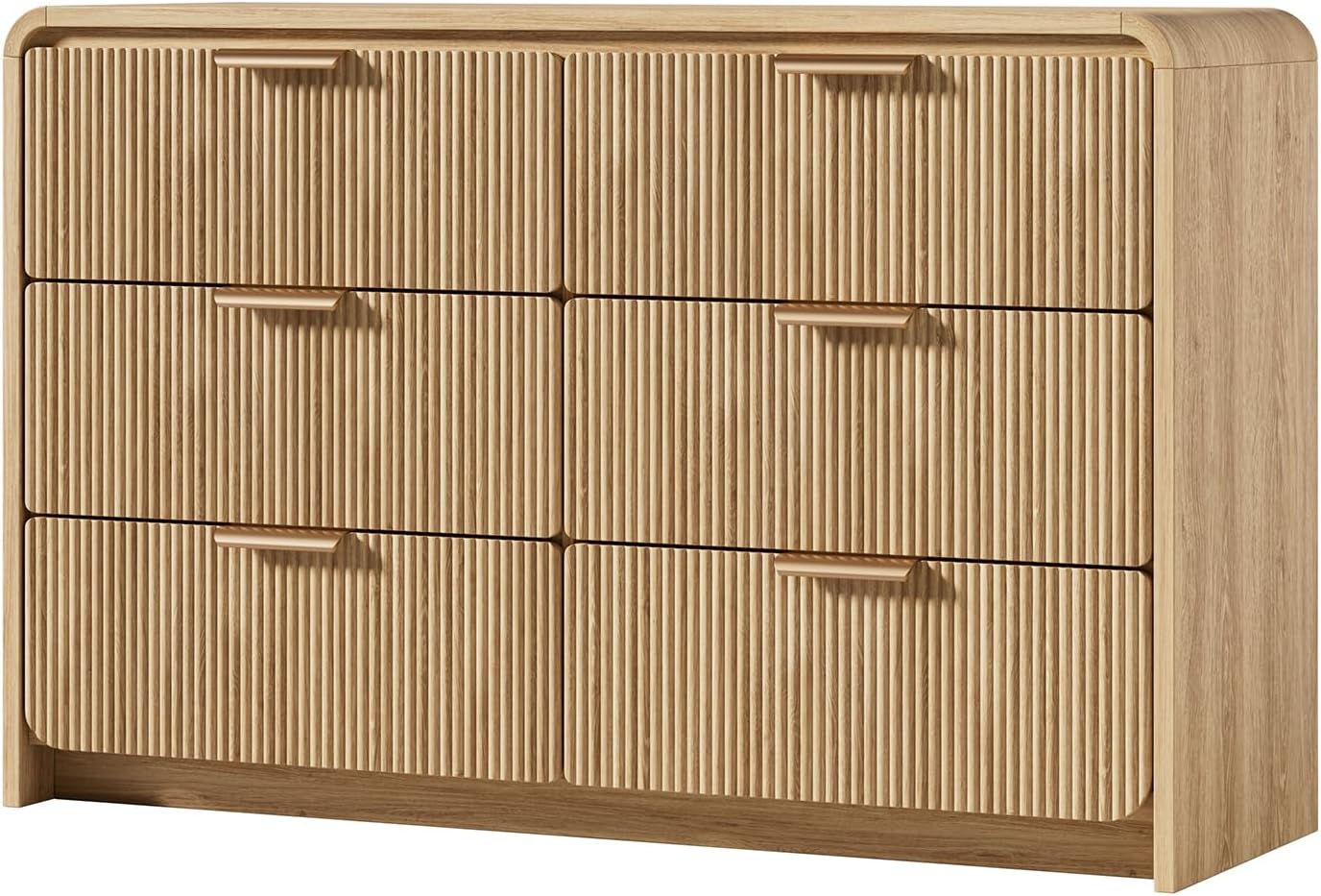 Fluted 6 Drawer Dresser, 47” Wide Wooden Storage Chest with Rounded Curved Corners and Gold Handles, Natural Oak Wood Dresser for Bedroom, Living Room, Hallway