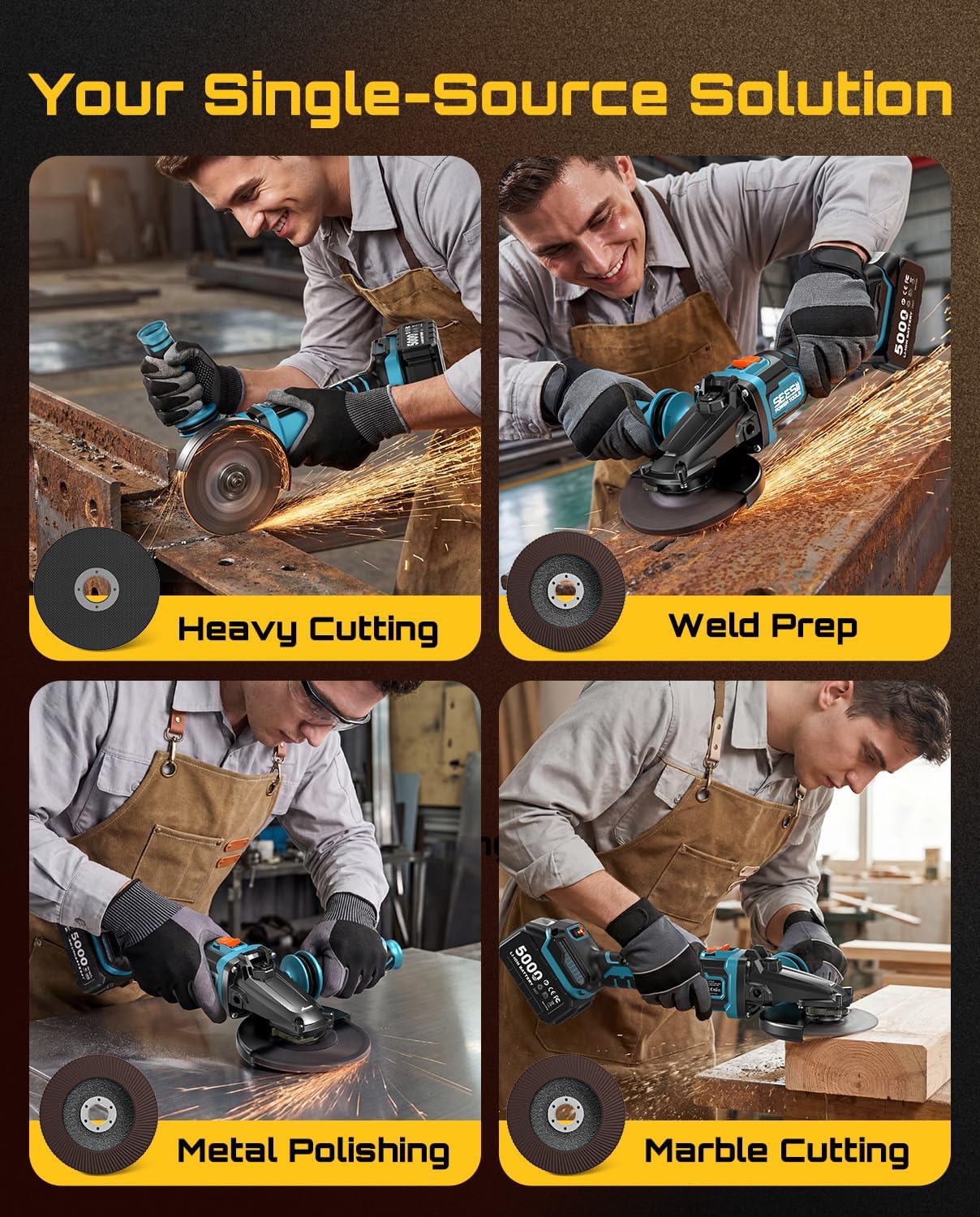 SEESII Flathead Brushless Angle Grinder, 21V Cordless Variable Speed Grinder Kit 5.0Ah Battery+Charger, 4-1/2 to 5" Cut Off Tool, 6-Speed, 20ms Brake+Drop Protection for Metal Cutting, Auto Body, DIY