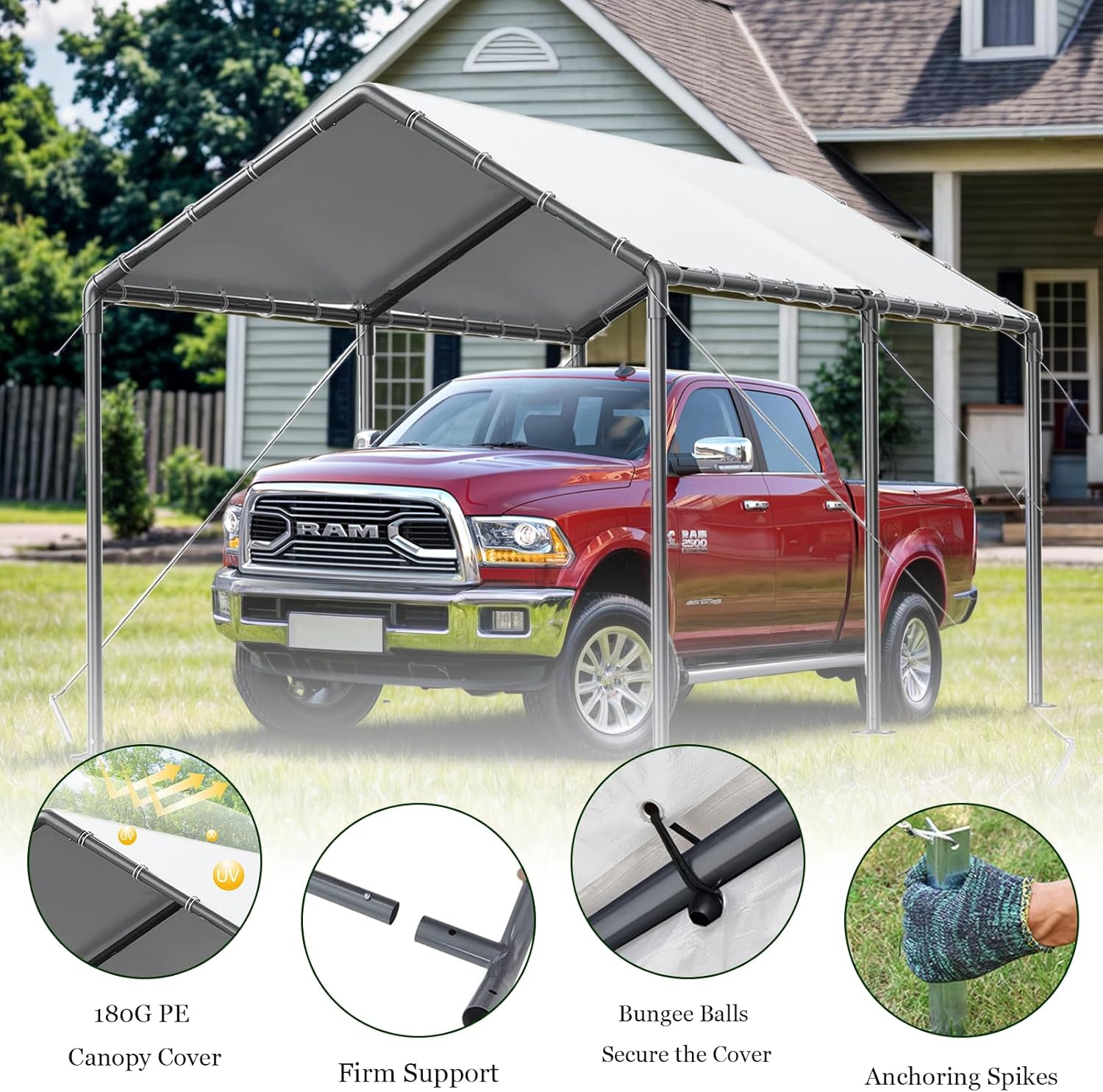 Carport, 10x20ft Heavy Duty Portable Garage, Car Port with Storage Shed, Car Canopy Car Tent with Steel Frame All-Season Tarp for Car, Truck, Boat, Party (B-White)