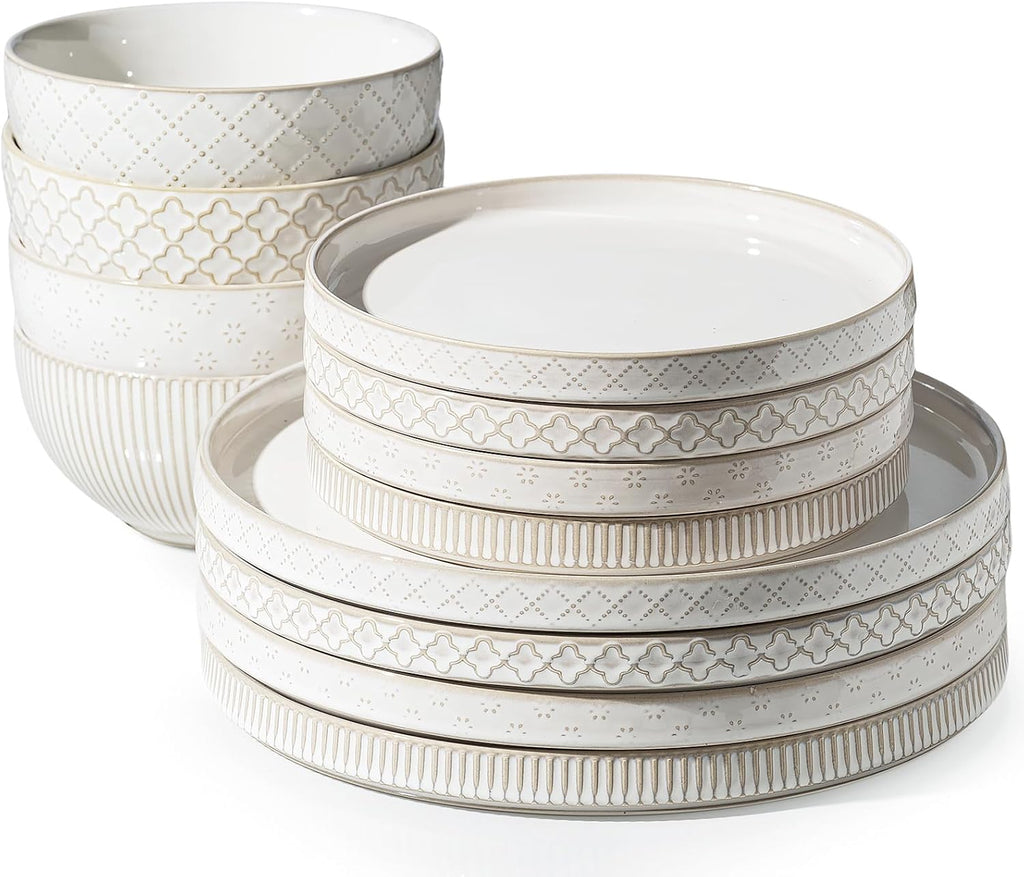 Getstar Dinnerware Sets, Plates and Bowls Sets (10.5” Dish + 8” Dish + 6” Bowl) for 4, Microwave and Dishwasher Safe, Ceramic Dinnerware Set (12 Piece)