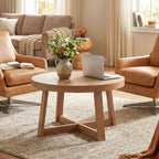 Giantex Round Coffee Table, 30" Wood Center Table with Thickened Tabletop & Cross-Shaped Pine Wood Frame, 220 lbs Capacity, Modern Living Room Table for Small Spaces, Natural