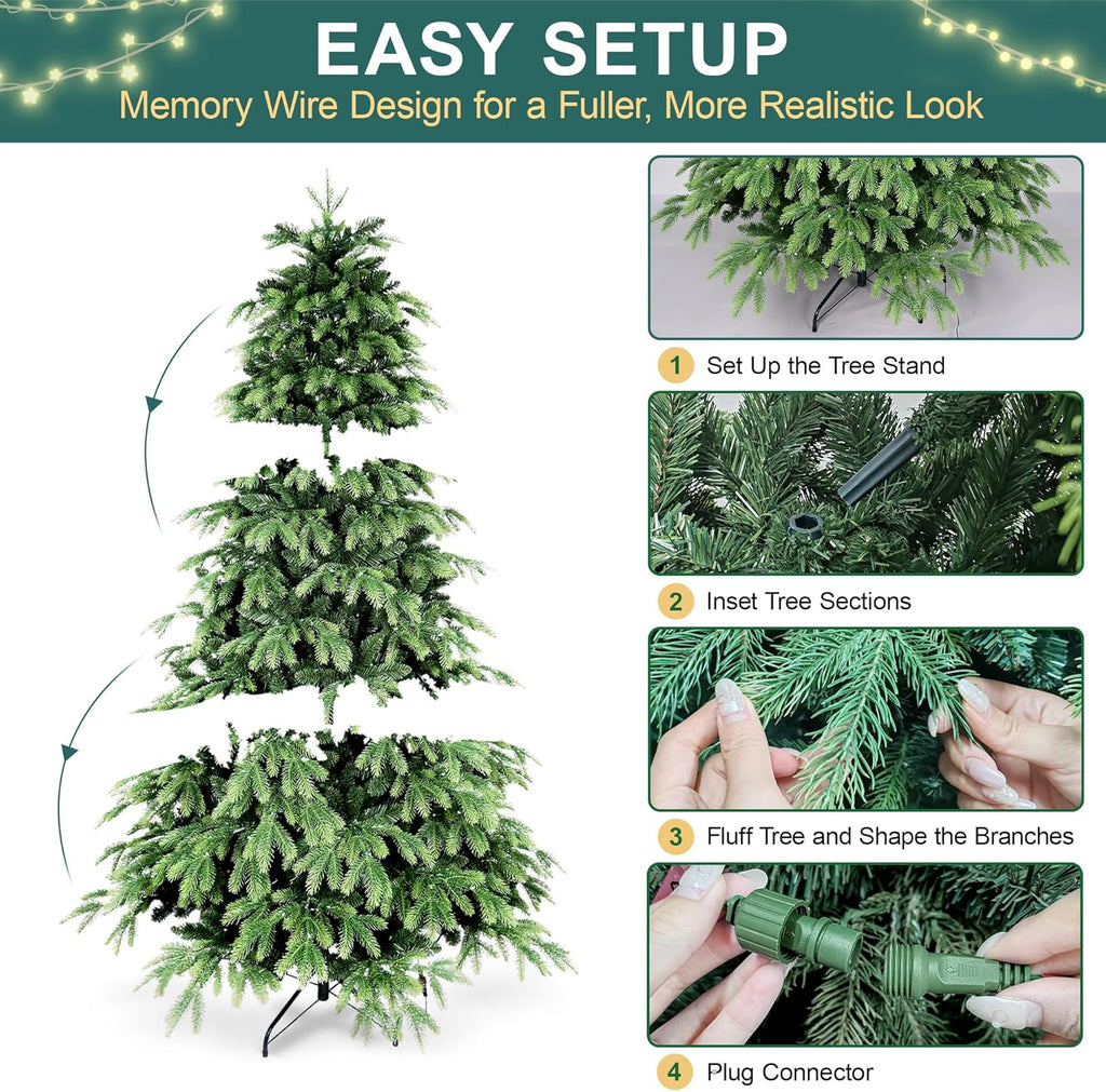 7FT Prelit Christmas Tree, Pre Lit Artificial Christmas Tree with 450 Lights and 2532 Branch Tips, Lighted Hinged Xmas Tree with Foldable Metal Stand for Party, Holiday, Home, Office