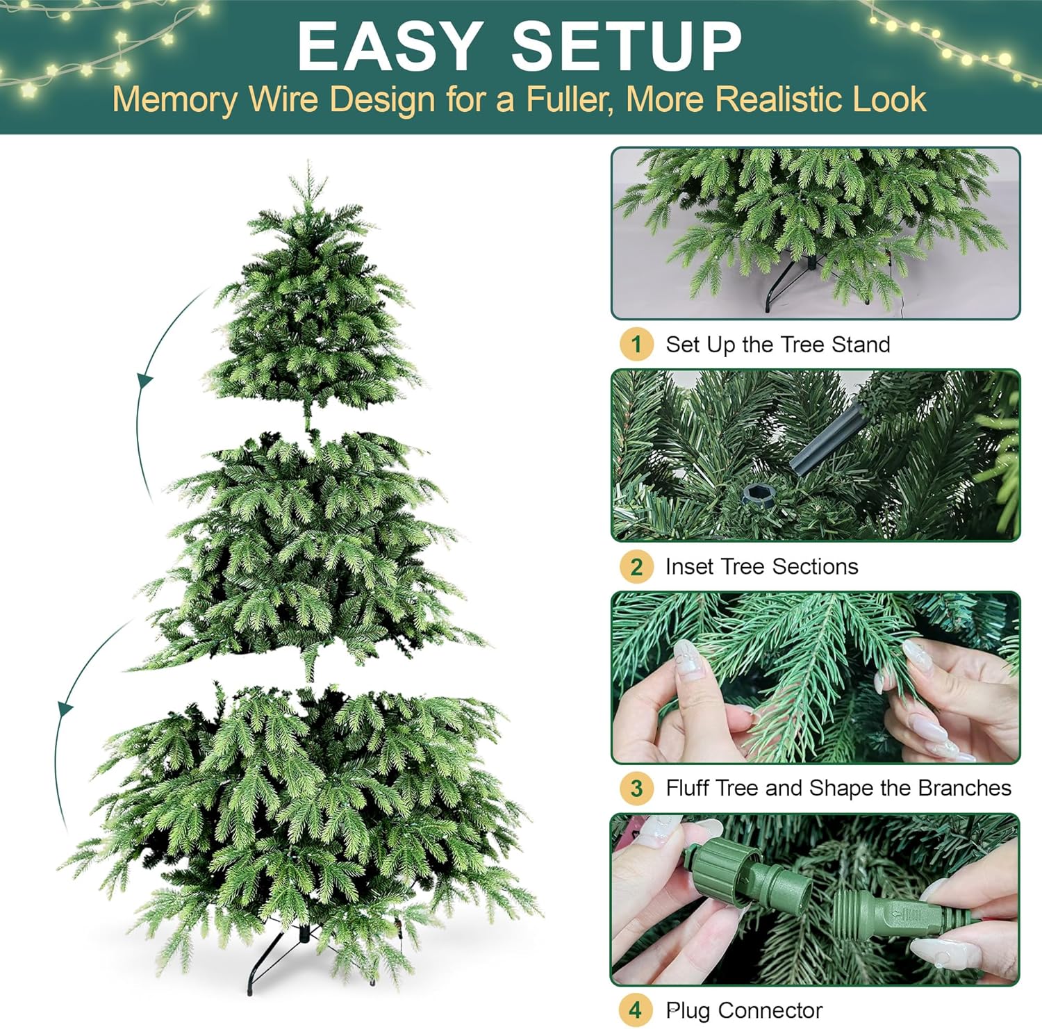 7FT Prelit Christmas Tree, Pre Lit Artificial Christmas Tree with 450 Lights and 2532 Branch Tips, Lighted Hinged Xmas Tree with Foldable Metal Stand for Party, Holiday, Home, Office