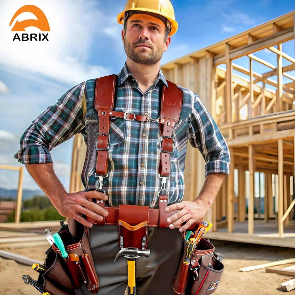 ABRIX Heavy Duty Nylon & Leather Tool Belt for Men Framing Rig Carpenter Tool Belt with Suspender Padded construction belt pauchas construccion (Extra Large, Tool Belt) (Dark Brown, with Suspender)