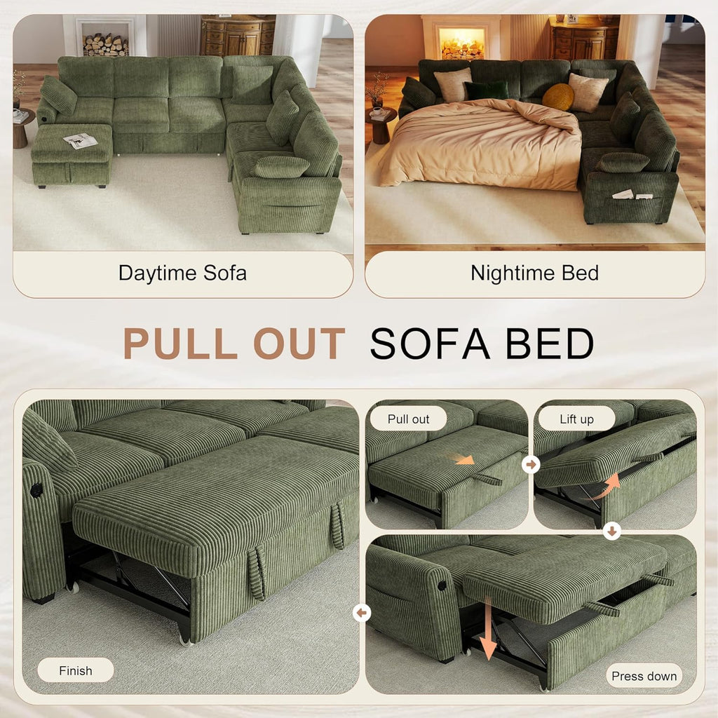 Hanherry Sectional Couch with Pull Out Sofa Bed,Corduroy Sleeper Sofa with Storage Ottoman & USB Charging,Comfy L Shaped Modular Couches for Living Room,Apartment