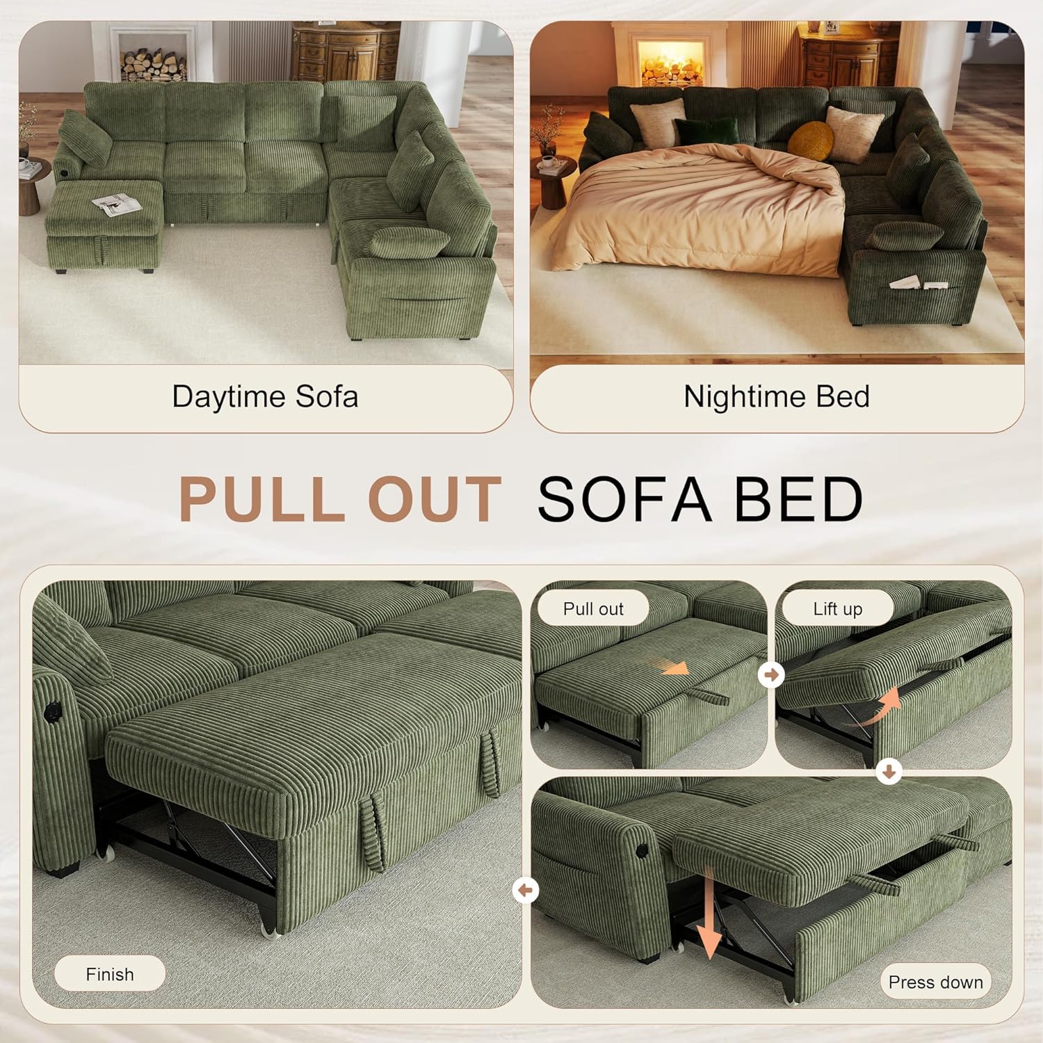Hanherry Sectional Couch with Pull Out Sofa Bed,Corduroy Sleeper Sofa with Storage Ottoman & USB Charging,Comfy L Shaped Modular Couches for Living Room,Apartment