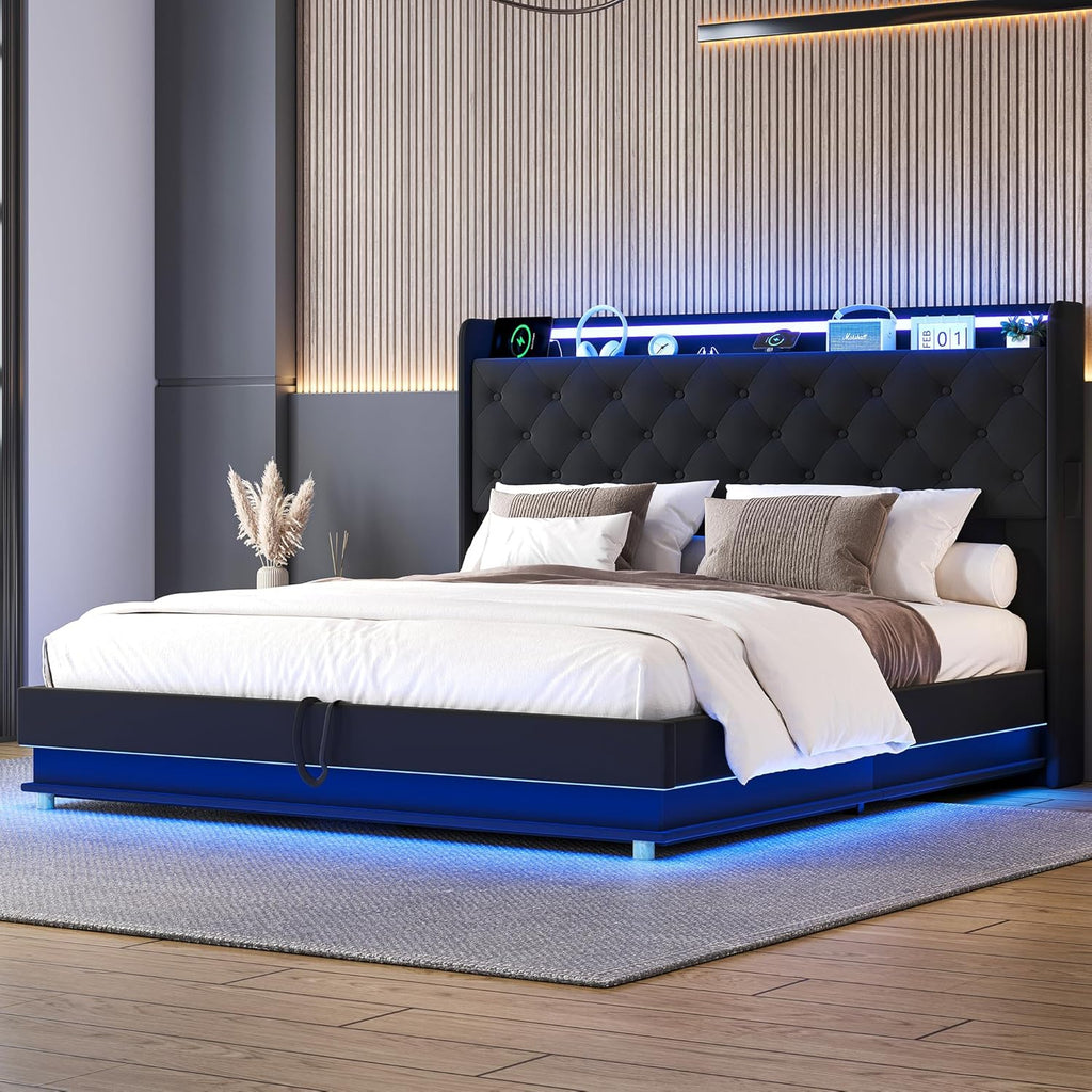 Lift Up Storage Bed Full, Bed Frame Full Size with Charging Station & Led Lights, Upholstered Storage Bed with Wingback 2-Tier Bookcase Headboard, Hydraulic Lift, No Box Spring Needed,Black | lift up bed, breathable material