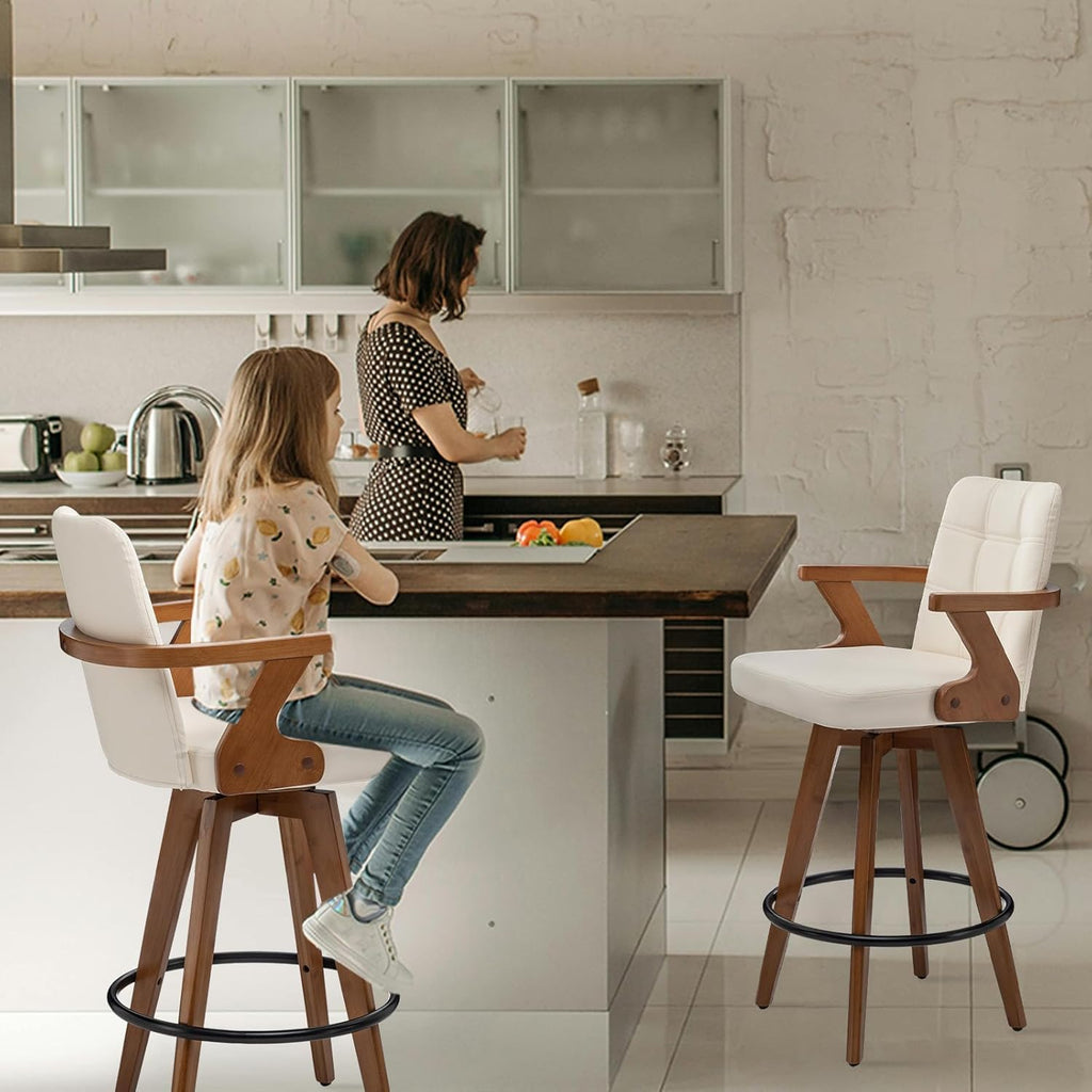26” Counter Height Bar Stools,Leather Upholstered Bar Chair, Swivel Bar Stools with Back and Arms .Modern Beige Barstool Set of 2 for Kitchen Island