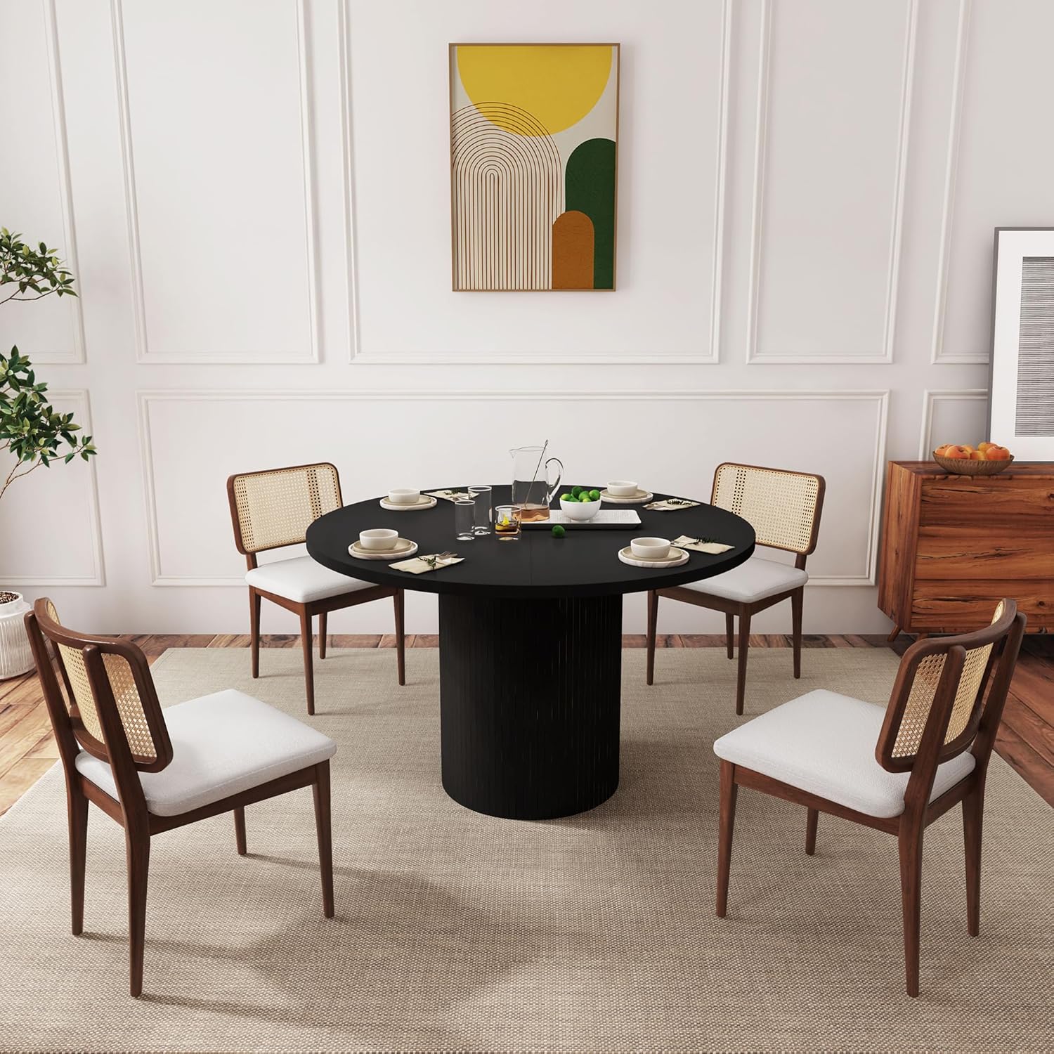 47 Inch Round Dining Table, Farmhouse Fluted Dining Kitchen Table, Modern Wood Small Circle Dining Table for Kitchen Living Room, Black