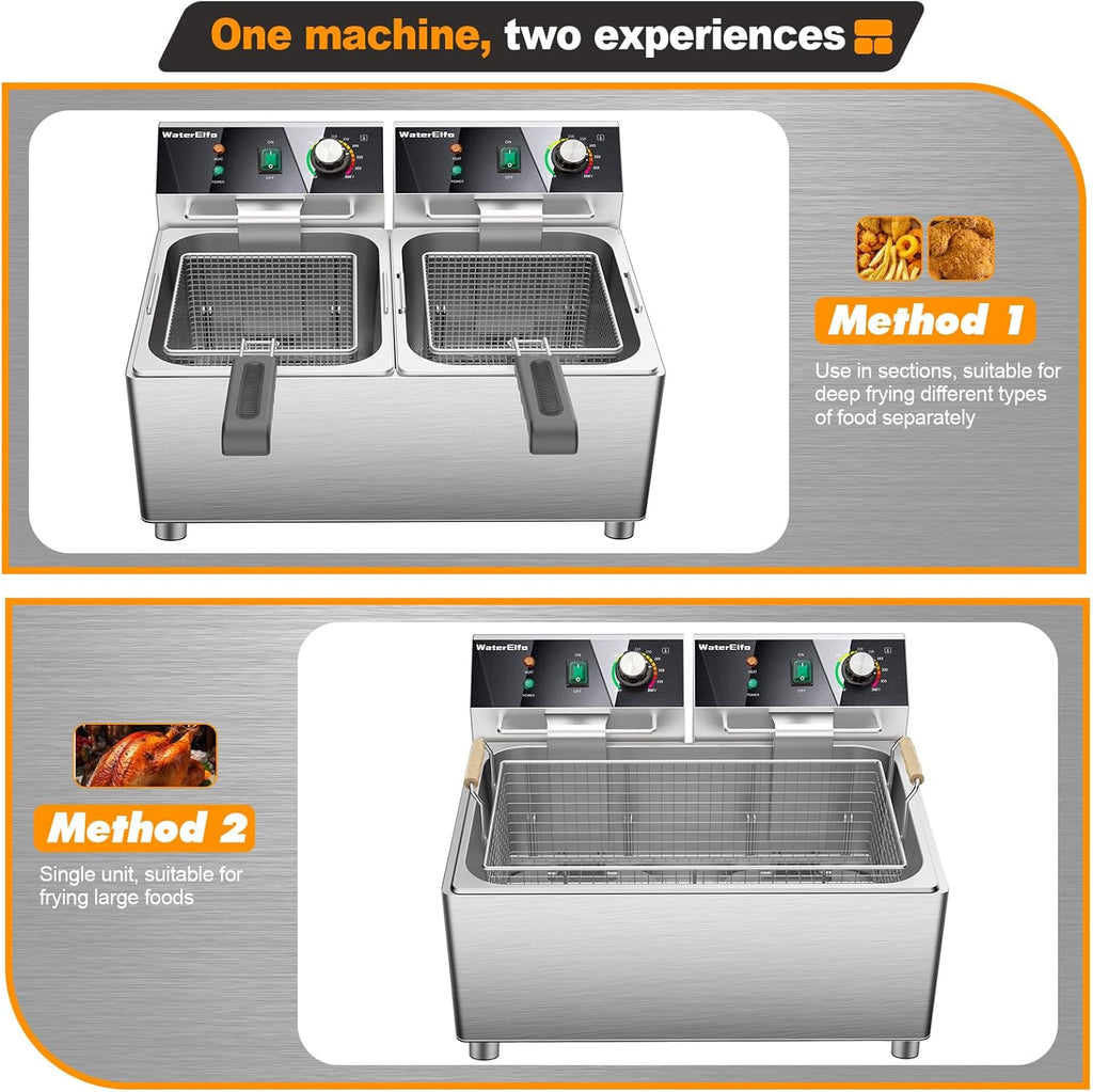 WaterElfo electric turkey fryer Commercial deep fryer with basket 3600W27.4QT with timer26L deepen deep fryer Variable twin cylinder 13.7QT*2 Rapid heating