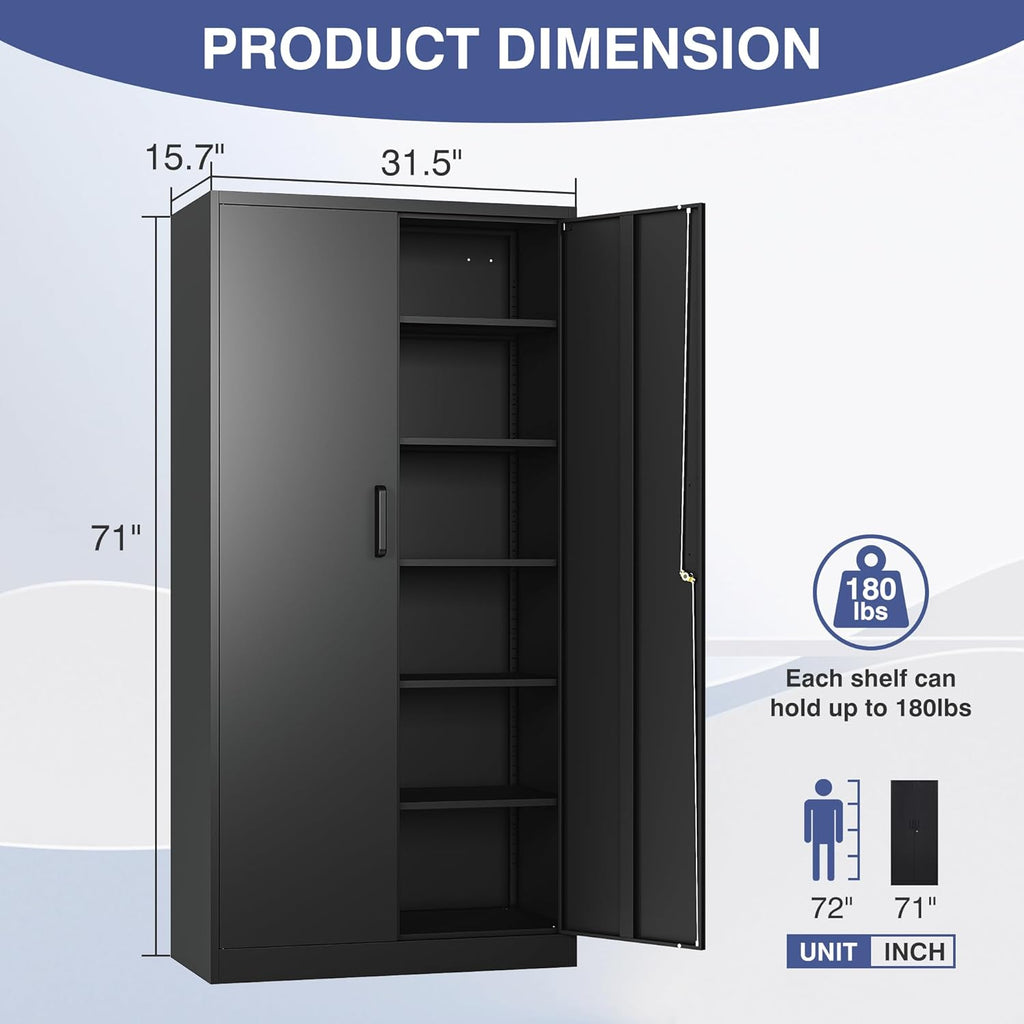 Metal Garage Storage Cabinet,Tall Black Cabinet with Doors and Adjustbale Shelves,Lockable Tool Cabinet for Garage,Basement,Home Office