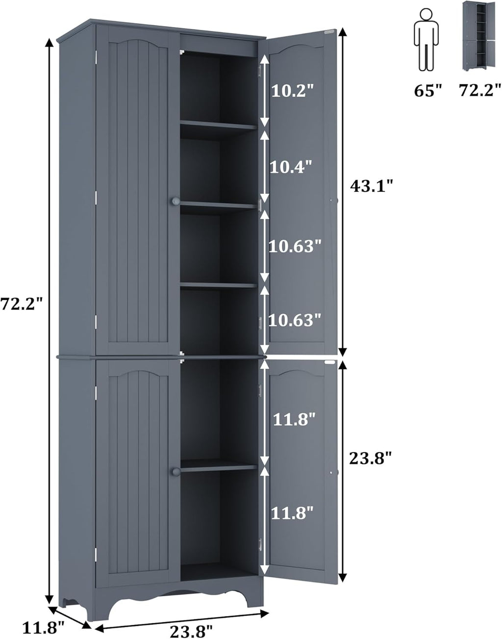 Function Home Tall Pantry Cabinet, Freestanding Storage Cabinet, Wooden Kitchen Pantry with 4 Doors and 5 Shelves, 72" Floor Cabinet Organizer for Kitchen Living Room Bathroom, Grey