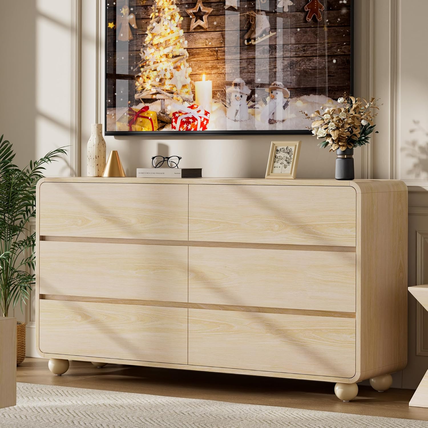 Lulive Wood Dresser for Bedroom, 53” Wide Chest of Drawers with 6 Drawers, Modern Closet Storage Drawer with Curved Profile Design for Living Room, Hallway, Entryway, Natural