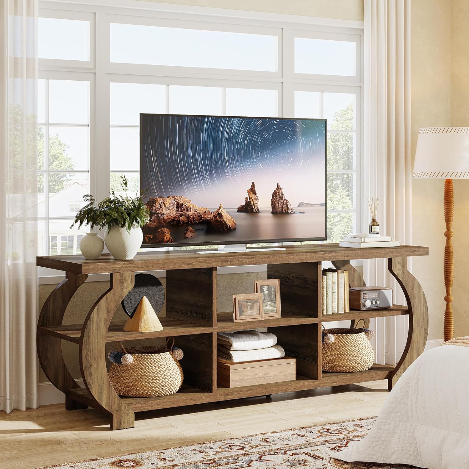Tribesigns 63" TV Stand for 55/60/65/75-Inch TVs, Farmhouse Entertainment Center with Open Storage Shelves, Wooden Media TV Console for Living Room, Bedroom, Rustic Brown