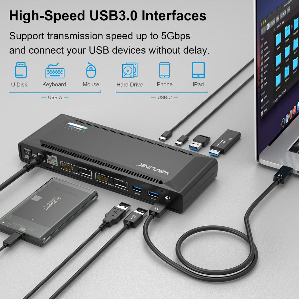 WAVLINK Universal USB C Laptop Docking Station Dual Monitors 5K/4K@60Hz with 65W Host Charging for Thunderbolt 4/3  USB-C Windows  Mac M1-M5/Macbook Neo  Chrome (2HDMI+2DP)  6USB 3.0  1Gbps Ethernet