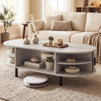 Giantex Oval Coffee Table, 47.5" Mid Century Modern Center Table with Sliding Tambour Doors, Hidden Storage & Open Compartment, Fluted Wood Living Room Tables for Small Spaces (Light Grey Oak)