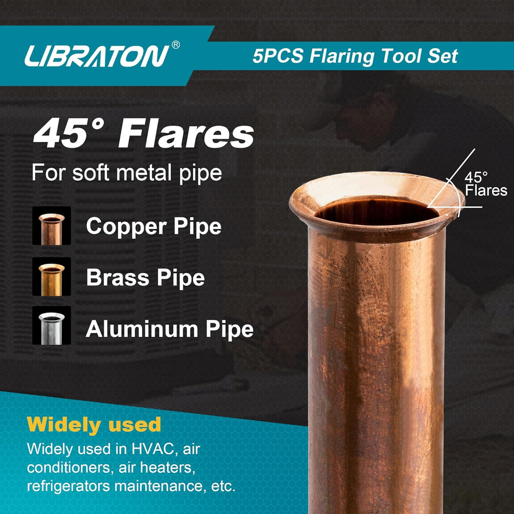 LIBRATON Flaring Tool, HVAC Flaring Tool Kit, Copper Flaring Tool, 45° Eccentric Single Flare Tool for 1/4''-3/4'' and 6-19mm with Pipe Cutter, Deburring Tool for Copper Aluminum Pipe