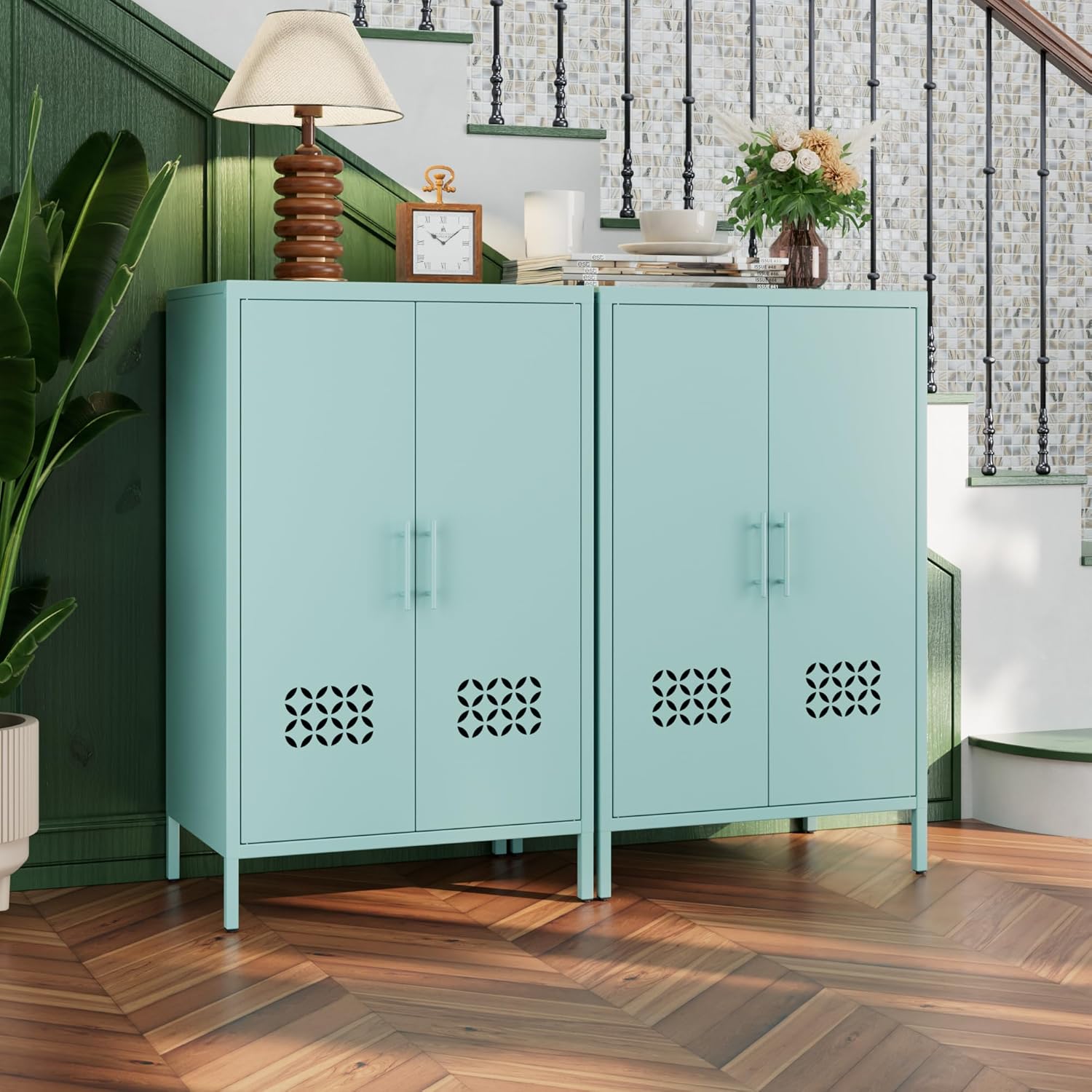 Metal Storage Cabinet with Adjustable Shelves,Metal Buffet Sideboard with 2 Doors for Kitchen,Home,Office, 42" H x 26" W x 14" D,Assembly Required,Blue