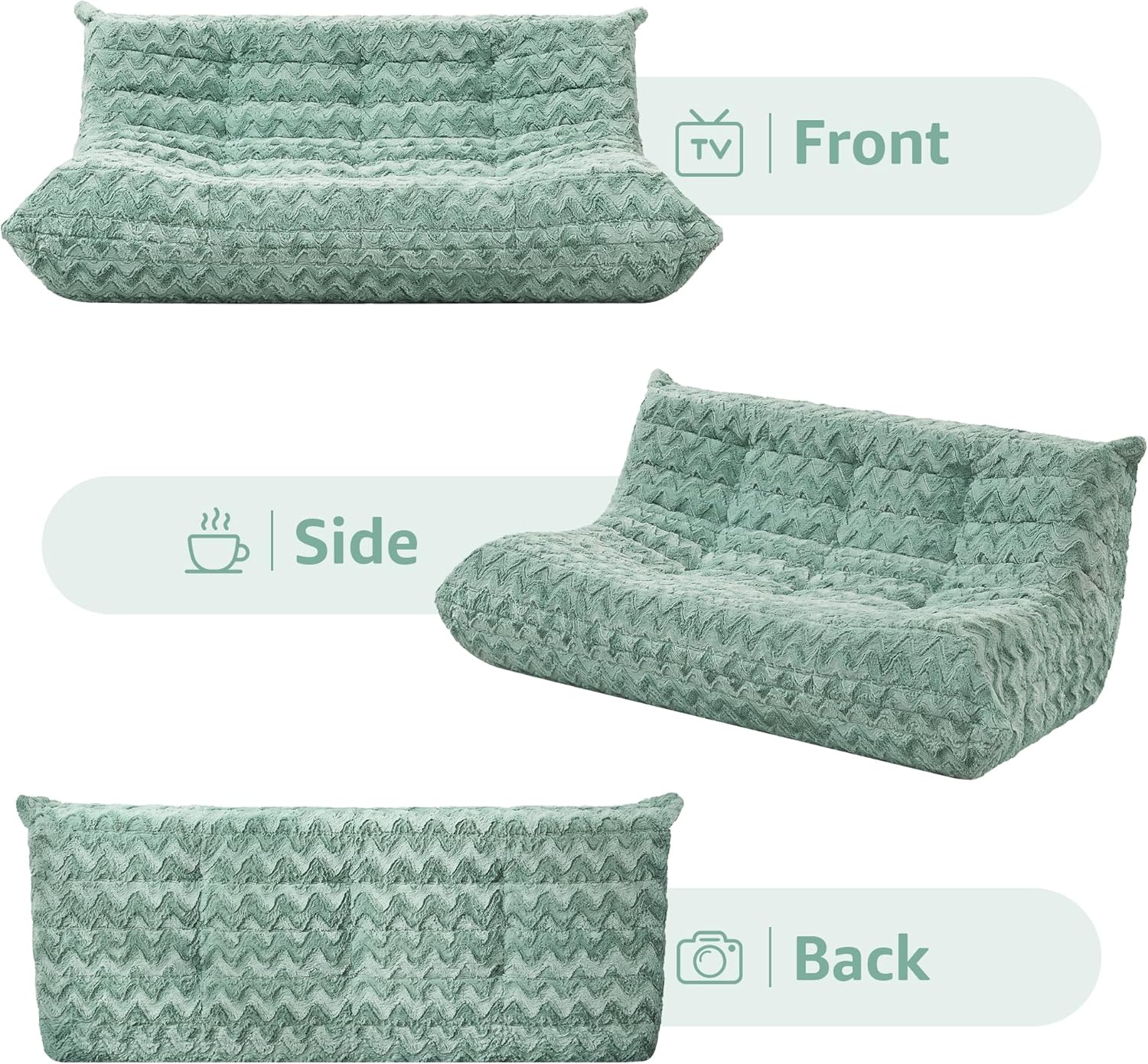 Bean Bag Chairs for Adults Giant Bean Bag Chair Memory Foam BeanBag Chair Bean Bag Sofa with Filler Faux Fur Fireside Beanbags Lazy Sofa for Living Room Bedroom Office (Green Chevron, 3-Seater)