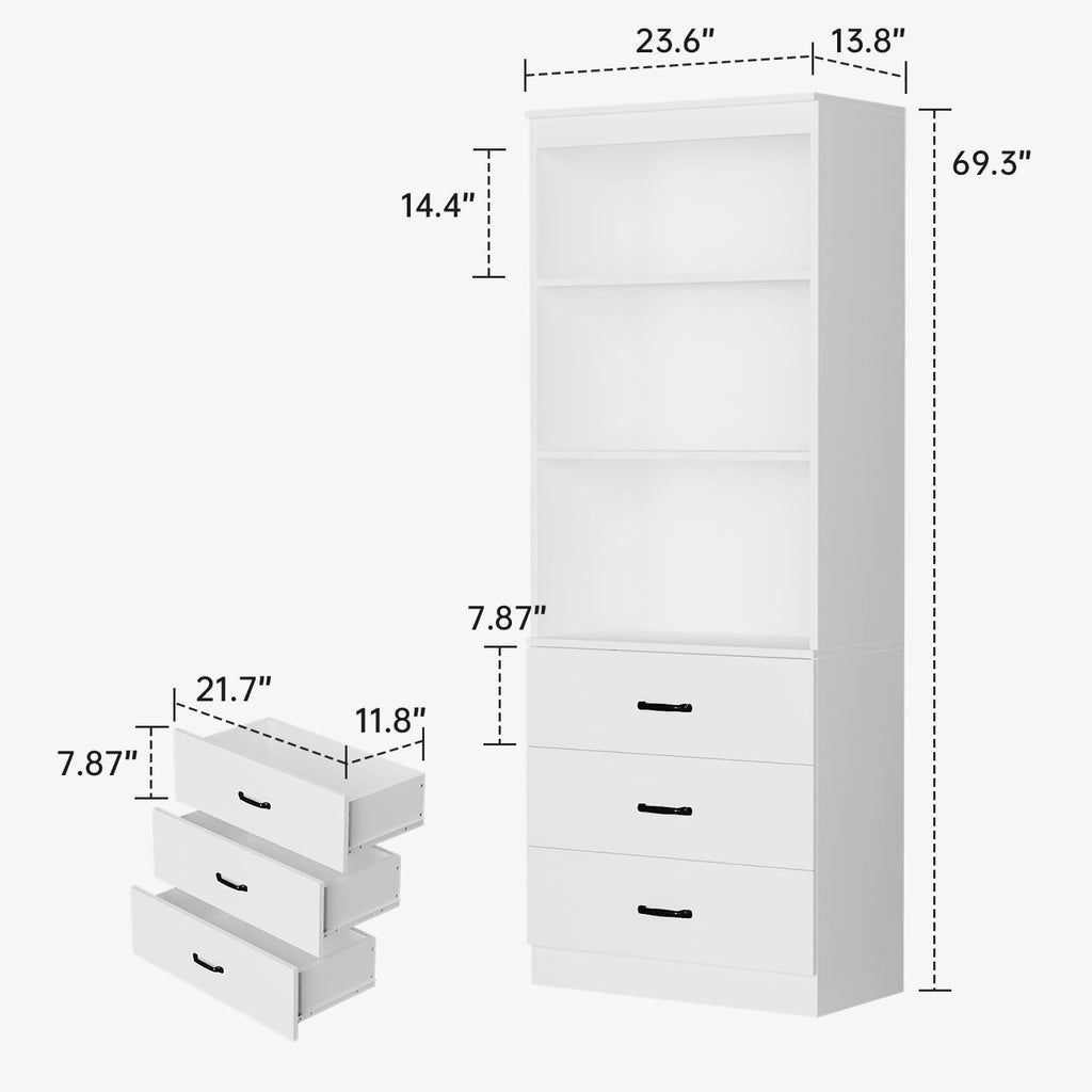 70" H Bookshelf with Drawers, Tall Bookcase with 3-Tier Open Shelves, Bookshelf and Bookcase with Storage Cabinet for Home Office,Living Room(White, 6-Tier)