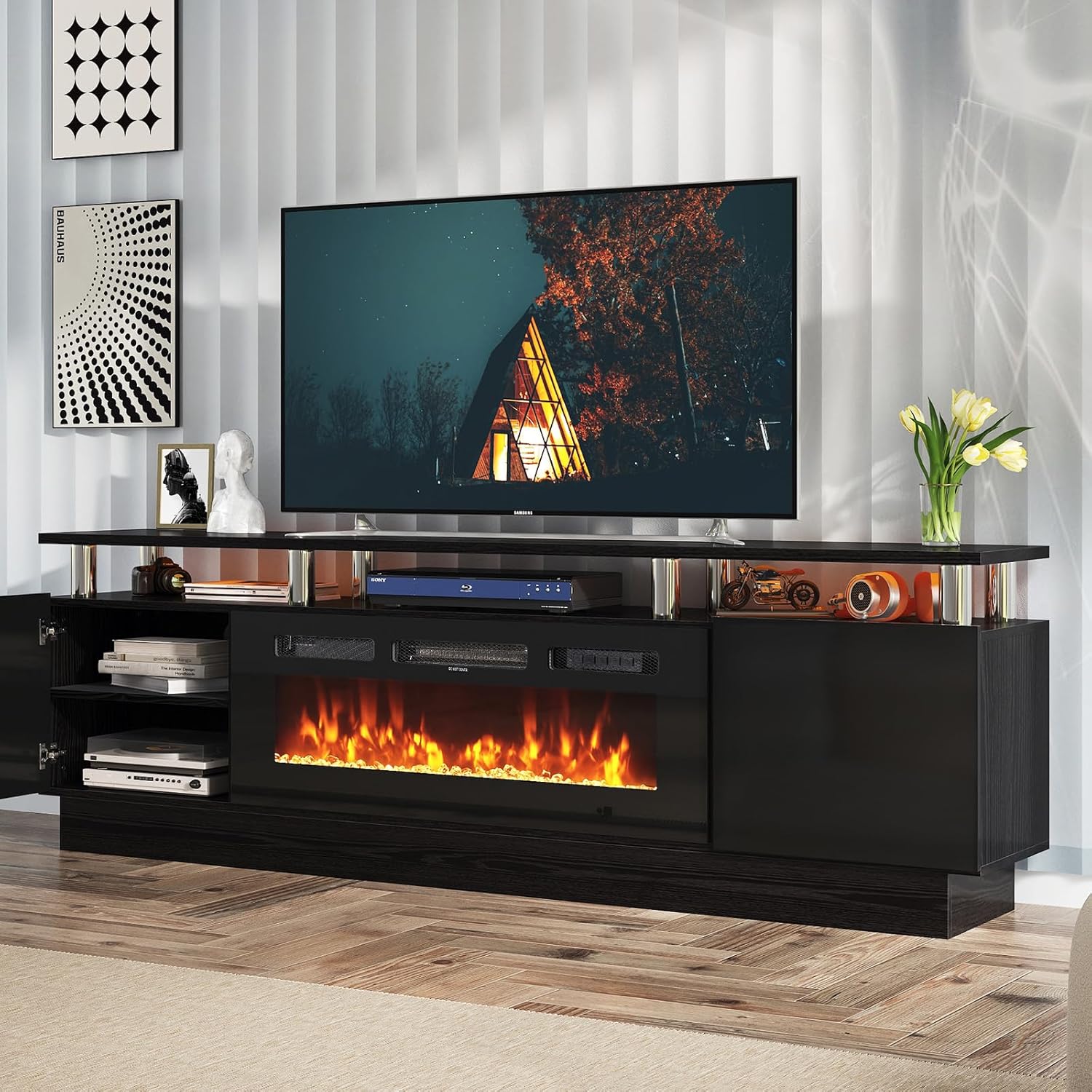 oneinmil 2 Tier TV Console Stand with 36" Electric Fireplace, LED Light Entertainment Center for TVs Up to 80" for The Living Room, 70", Black