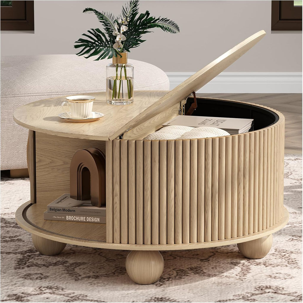 Round Coffee Table with Storage, 31.5" Natural Oak Fluted Drum Center Table, Scandi Japandi Wood Circle Table with Sliding Door & Bun Feet for Living Room
