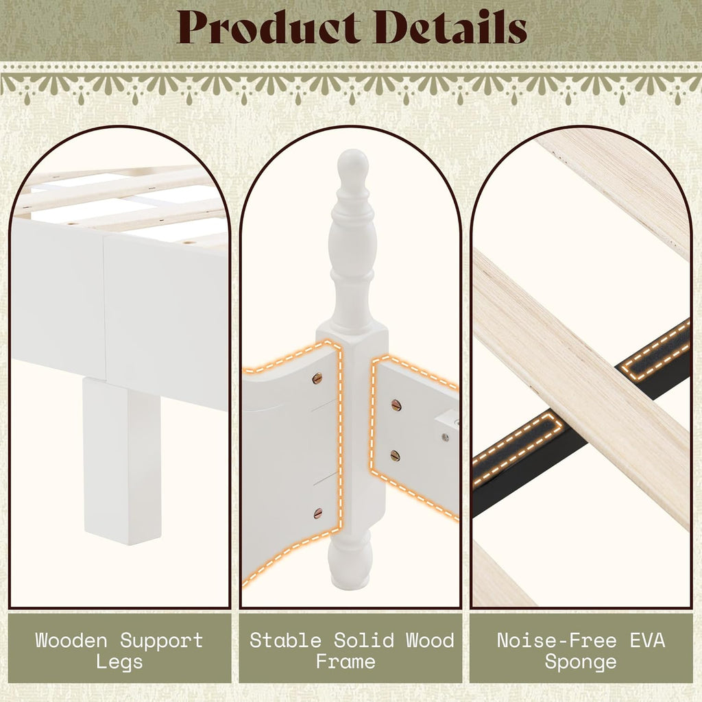 AMERLIFE Solid Wood Queen Bed Frame with 56" Arched Headboard, Traditional Poster Bed with Wooden Slats Support, No Box Spring Needed, Easy Assembly, White