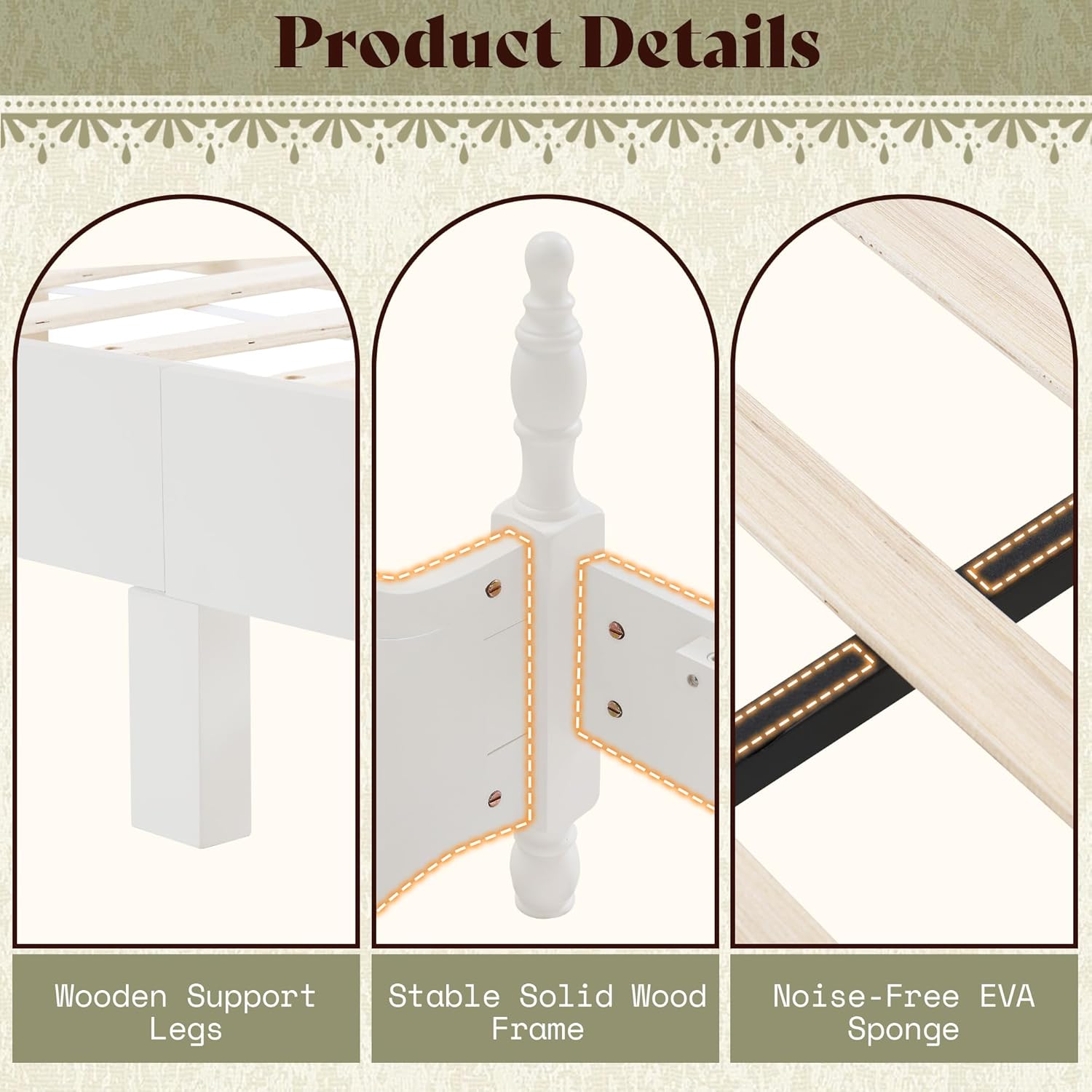 AMERLIFE Solid Wood Queen Bed Frame with 56" Arched Headboard, Traditional Poster Bed with Wooden Slats Support, No Box Spring Needed, Easy Assembly, White