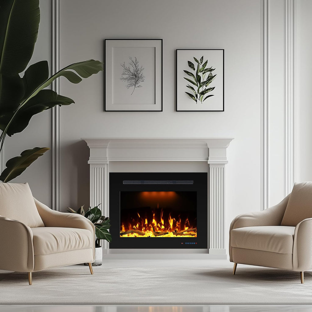 Prismaster 32.23" W x 26" H Rear Electric Fireplace Insert with Crackling, Fireplace Heater with Adjustable Flames, 62-99℉ Thermostat,Only Recessed