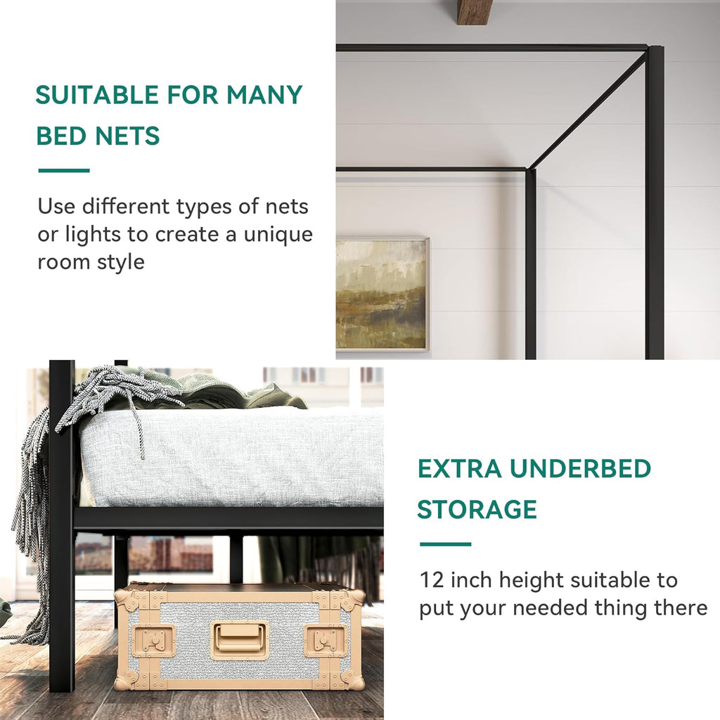 YITAHOME Metal Four Poster Canopy Bed Frame King Size, 14 Inch Platform with Built-in Headboard Strong Metal Slat Mattress Support, No Box Spring Needed, Black