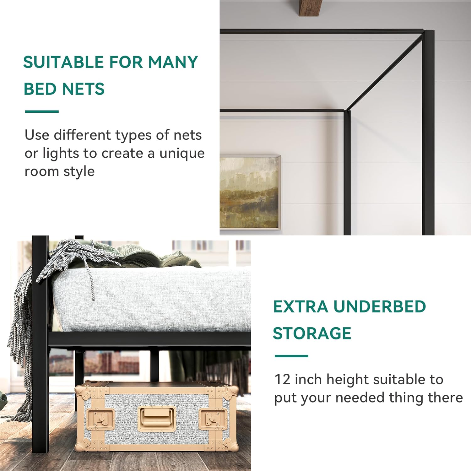 YITAHOME Metal Four Poster Canopy Bed Frame King Size, 14 Inch Platform with Built-in Headboard Strong Metal Slat Mattress Support, No Box Spring Needed, Black