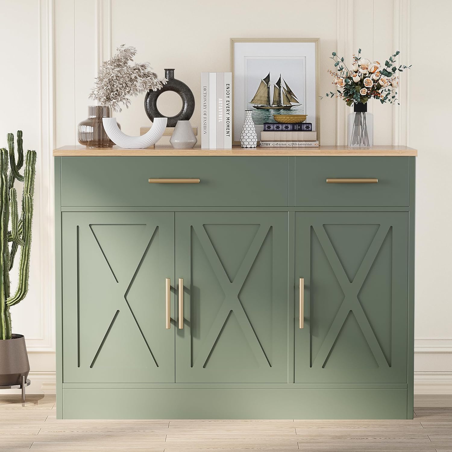 Shintenchi Modern Farmhouse Sideboard Buffet Cabinet with Storage with 3 Doors,42" Barn Doors Buffet Cabinet with Storage, Wood Coffee Bar Cabinets with Adjustable Shelf for Kitchen Living Room,Green