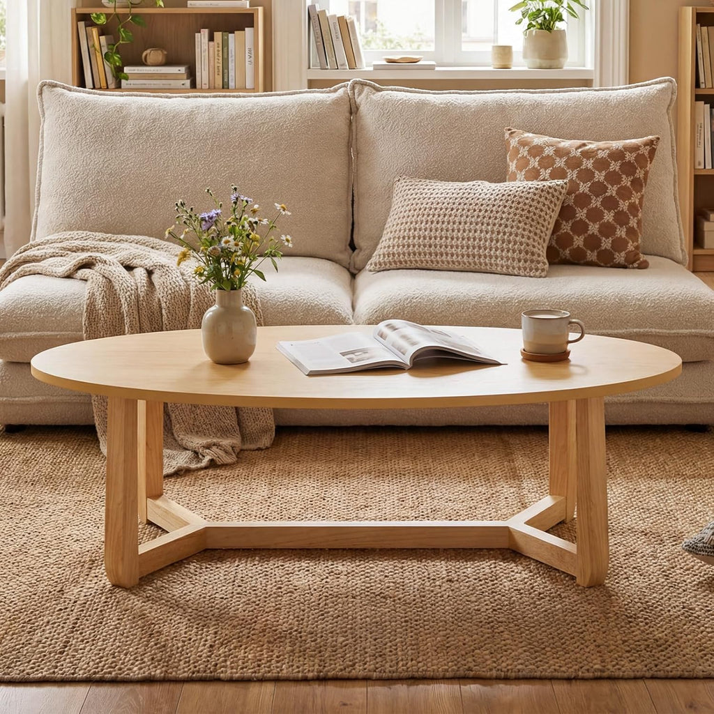 Giantex Oval Coffee Table, 46'' Wood Center Table with Thickened Top & Solid Rubber Wood Frame, Low Profile Cocktail Accent Table, Modern Living Room Table, Natural